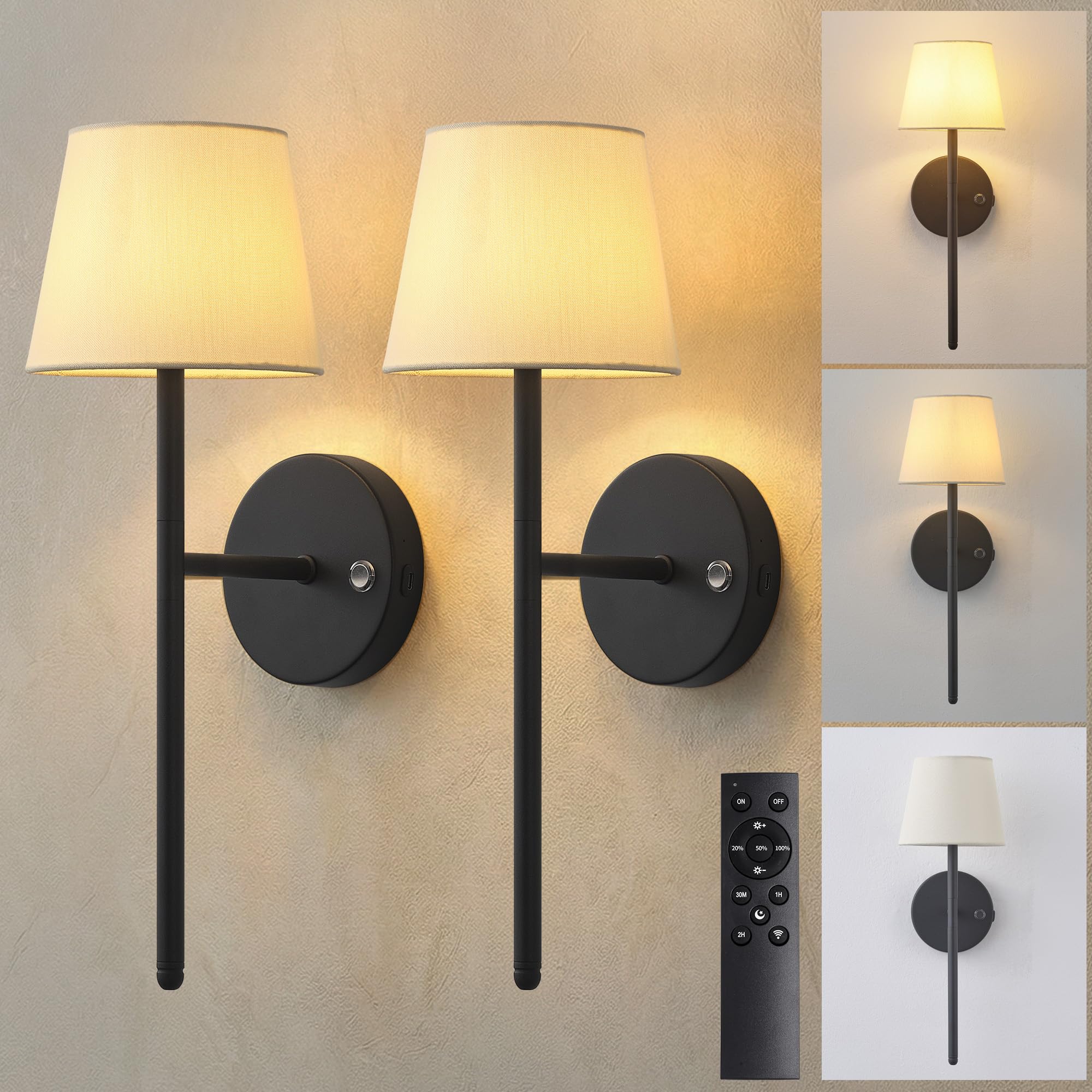Juego de 2 apliques de pared inalámbricos recargables, alimentados por batería, 5200 mAh, regulables, apliques de pared inalámbricos con mando a distancia, aplique de pared con pantalla de