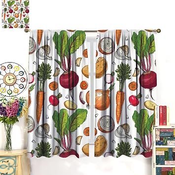 Vegetables Decor Window Curtain, Continuous Pattern of Sketchy Painted Healthy Natural Tasty Food Illustration for Home Kitchen Restaurant Decoration Window Curtain 2Panel 42" W X 45" L
