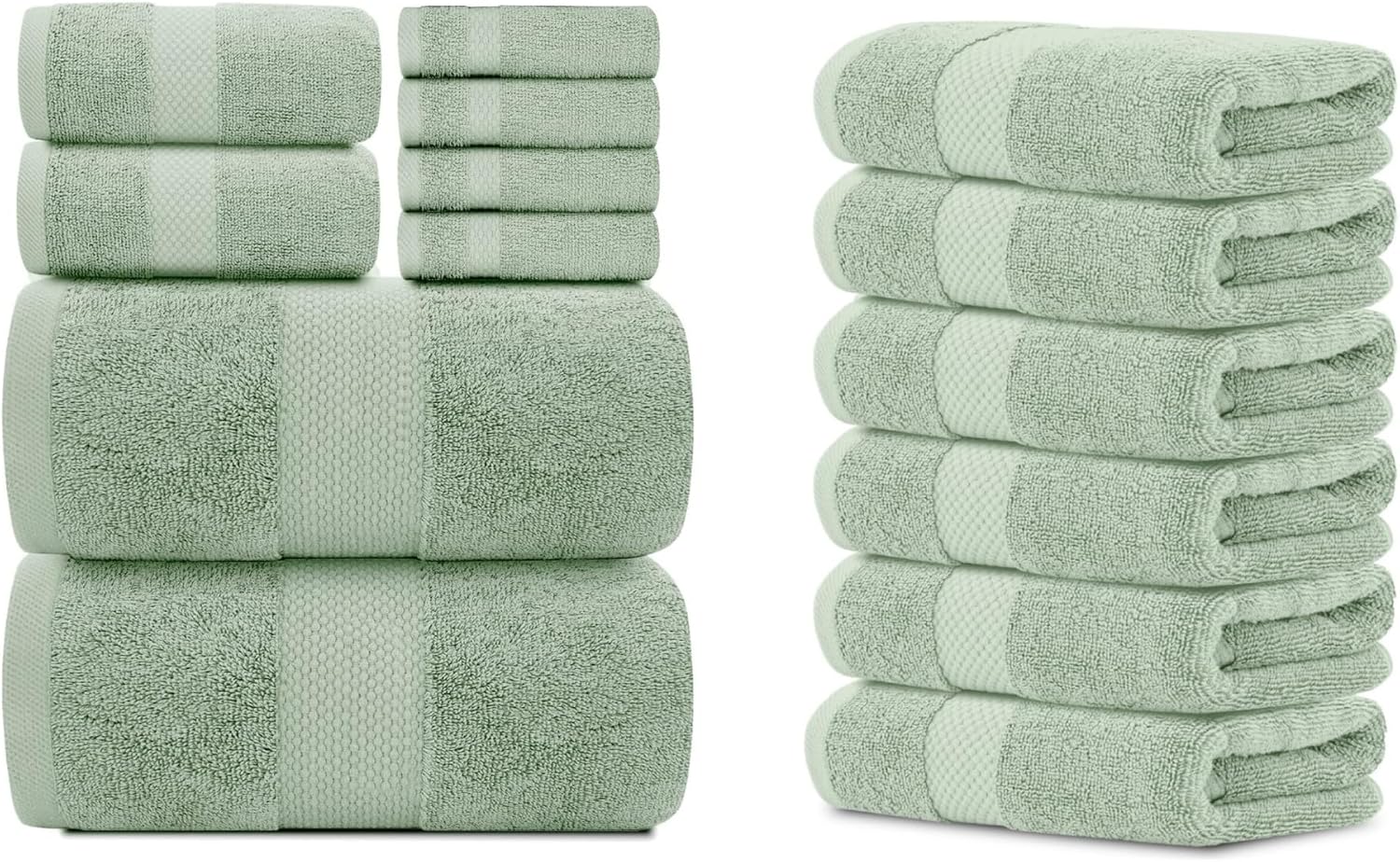 White Classic 8-Piece Light Green Towel Set [2 Bath Towels, 2 Hand Towels, 4 Washcloths] and 6 Luxury Hand Towels 16 x 30 | Cotton, Highly Absorbent and Quick Dry for Hotels, Spa and Bathroom