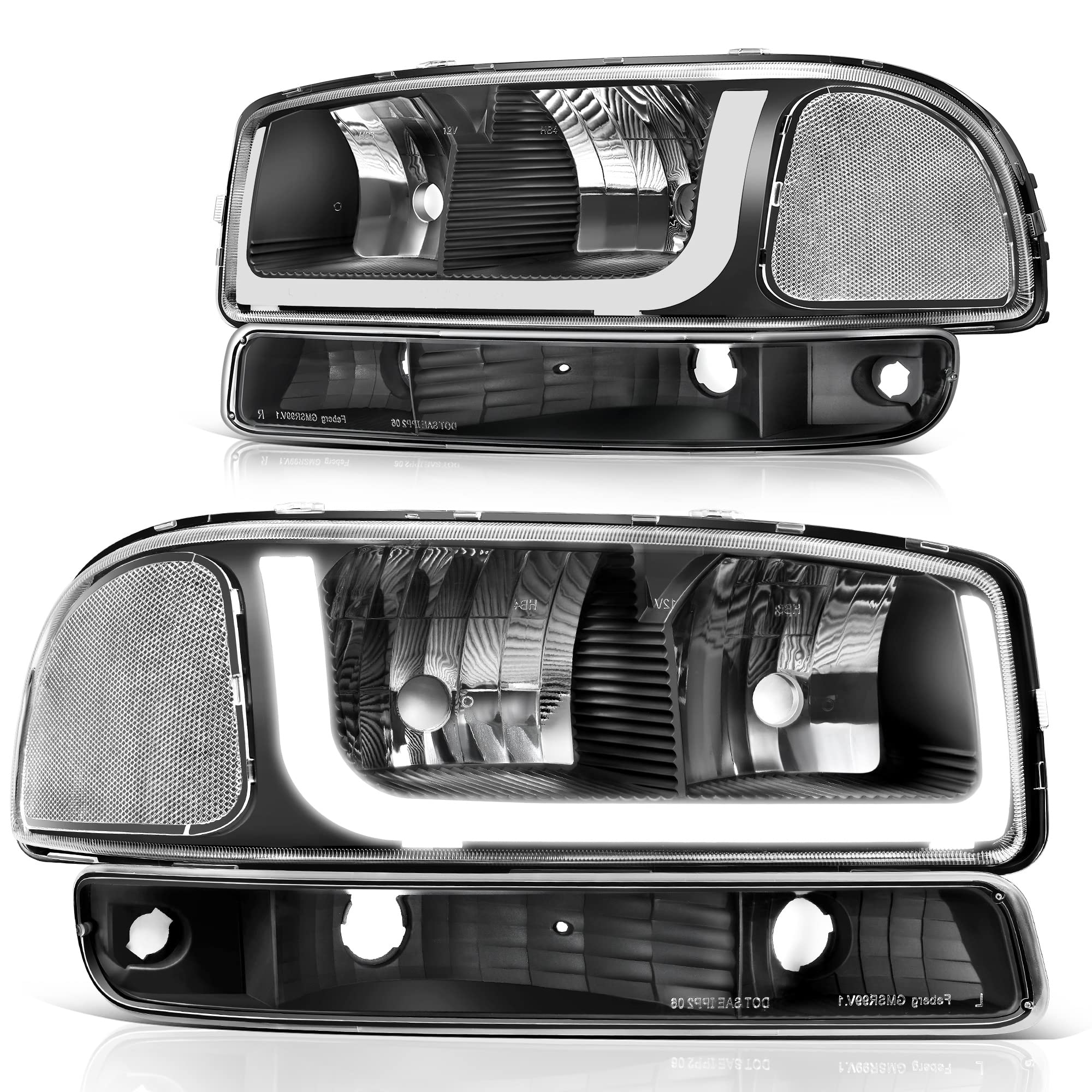 Photo 1 of DWVO LED DRL Headlight Assembly Compatible with 1999-2006 GMC Sierra 1500 2500/2007 GMC Sierra 1500&1500HD&2500HD&3500 Classic / 00-06 Yukon Black Housing Clear Reflector Headlamps LED - Black/Clear/Clear