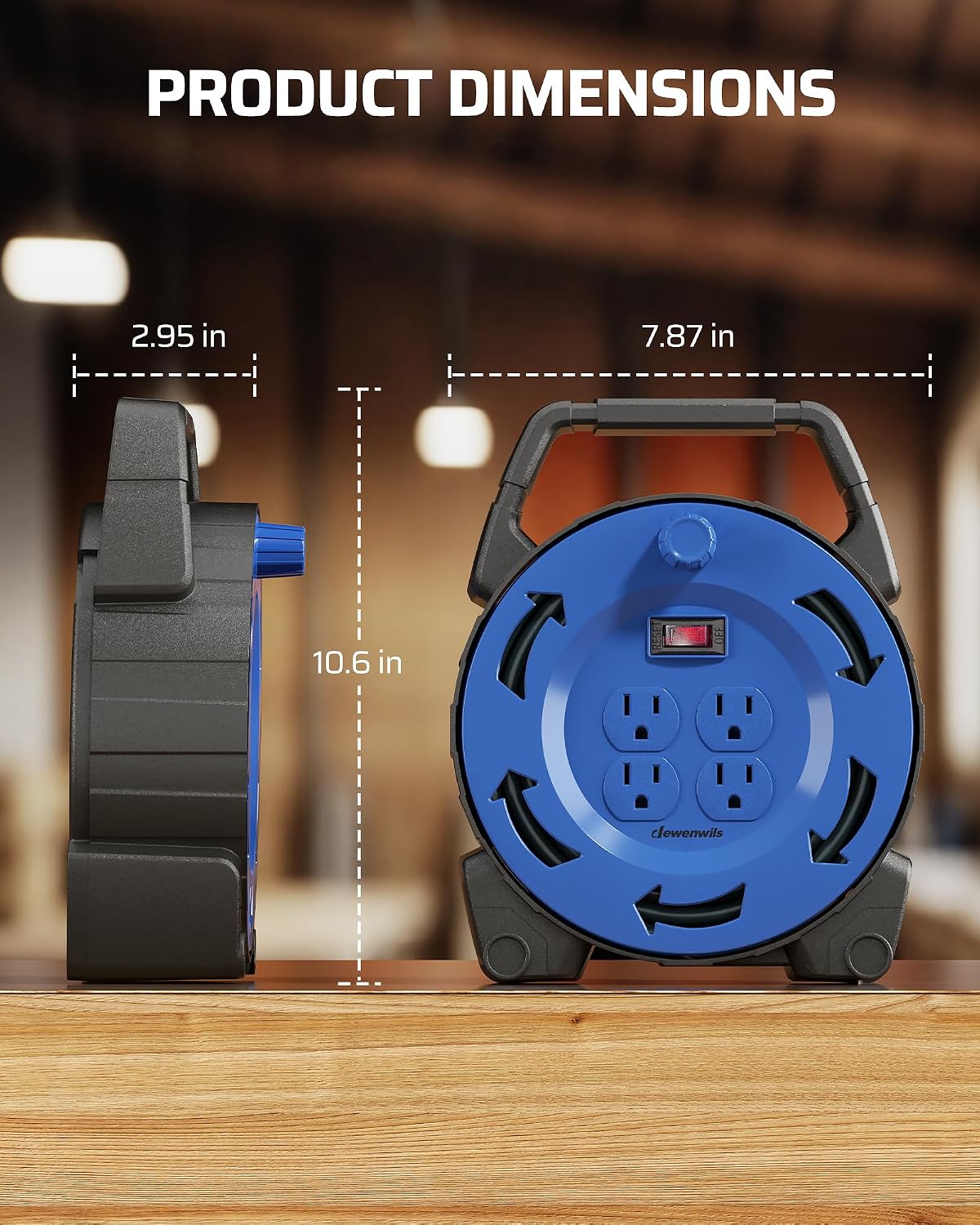 DEWENWILS Extension Cord Reel with 30 FT Power Cord, Hand Wind Retractable, 16/3 AWG SJTW, 4 Grounded Outlets, 13 Amp Circuit Breaker, Blue/Black, UL Listed