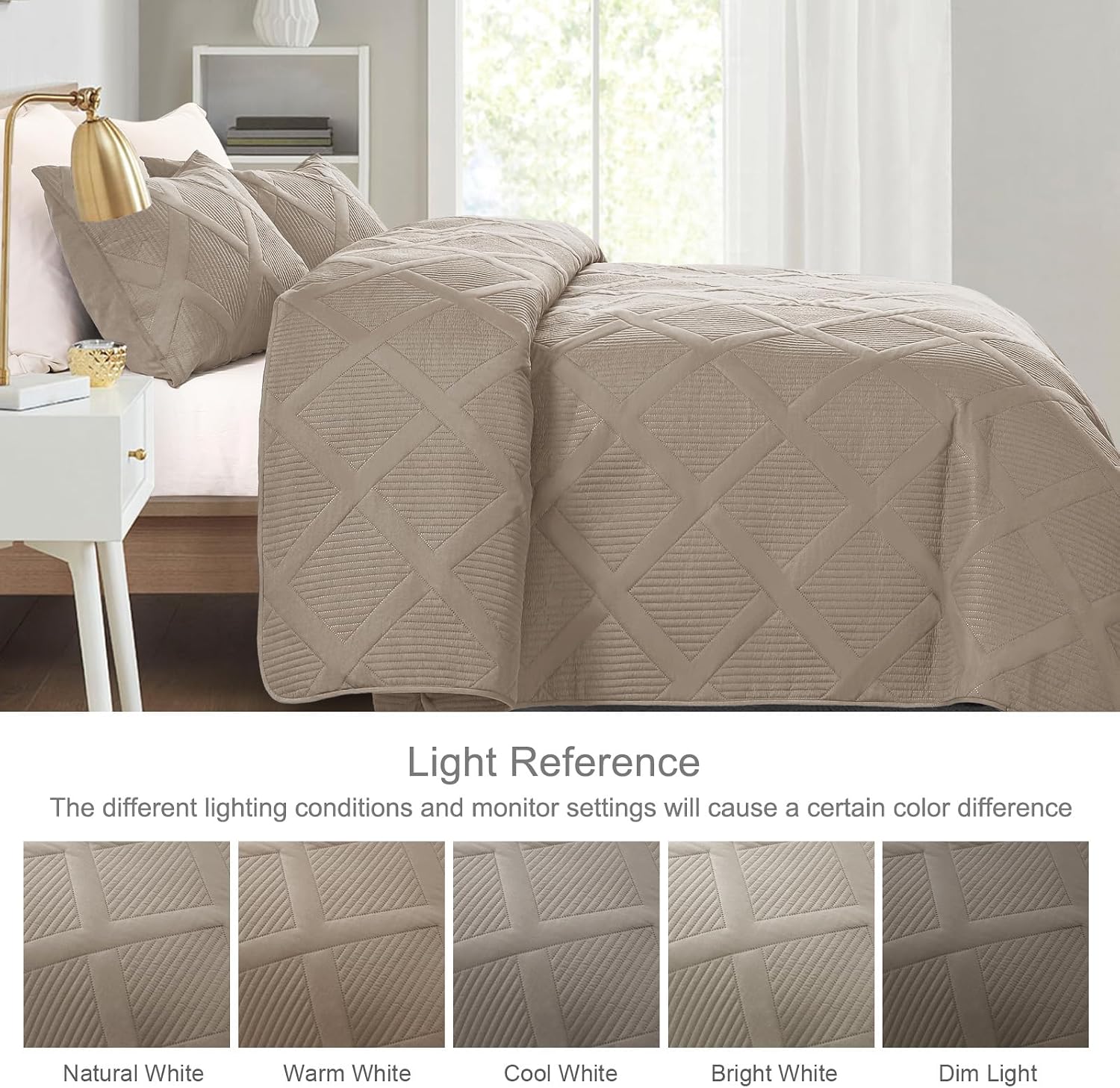 Exclusivo Mezcla Full Queen Size Quilt Set with Modern Striped Pattern, 3 Pieces Summer Lightweight Taupe Quilts Bedding Set, Soft Bedspreads Coverlets for All Seasons