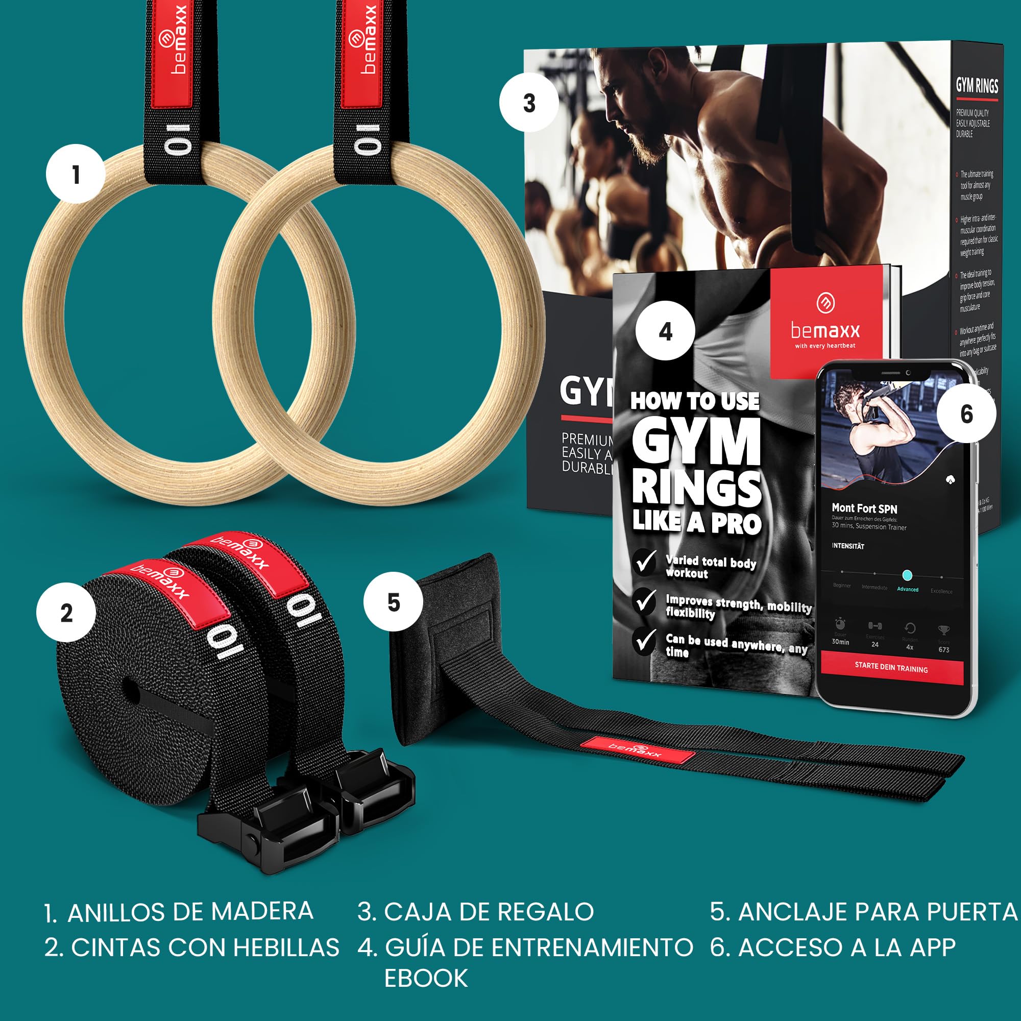 BeMaxx Anillas de Gimnasia de Madera Workout Set con Anclaje para Puerta