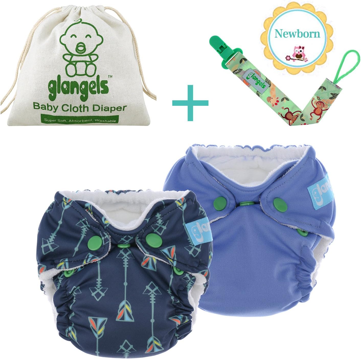 Newborn Premiee Bamboo Organic Reusable Cloth Diapers –Set of 2 –Breathable Waterproof Cover –Bonus Pacifier Clip –Perfect Baby Shower Gift(Pack of 2, Blue)