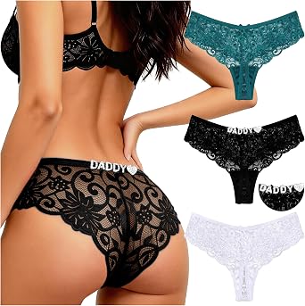 Sexy Underwear for Women 3 Pack Lace Cheeky Bikini Panties, Rhinestone Letter Thong, Anniversary Date Night Gifts