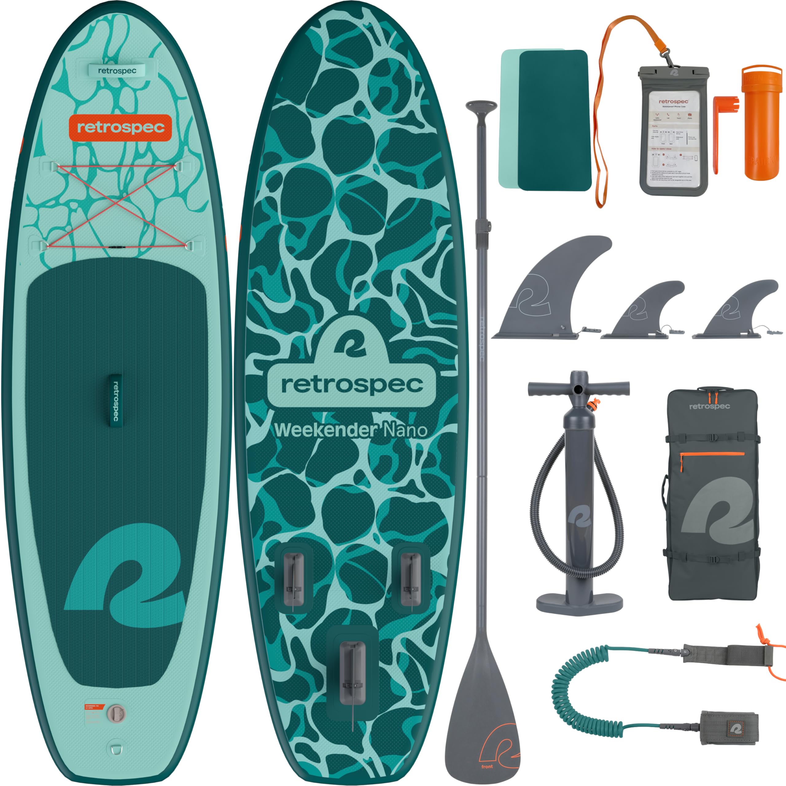 Retrospec Weekender-Nano Kinder-Paddelboard aufblasbar, Jugend-SUP mit verstellbarem Paddel, Pumpe und Rucksack, stabiles Design, Eva-Deck, 71,1 cm breit