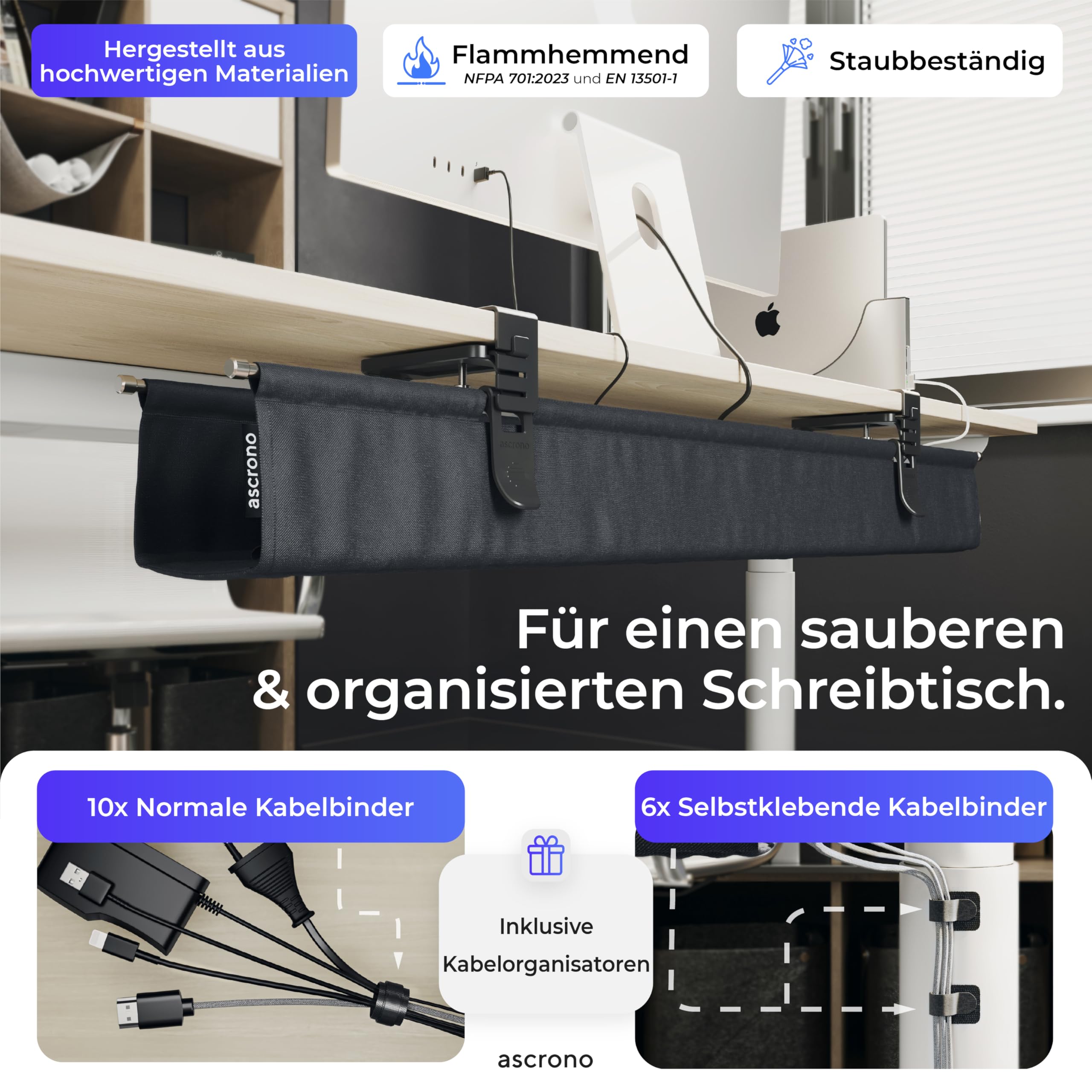 CableCare Kabel-Management-Tablett ohne Bohren unter dem Schreibtisch, 103,1 cm, Schreibtischkabel-Organizer für Schreibtisch-Kabelmanagement, Klemm-/Schraubmontage, Kabelablage bis zu 30 kg