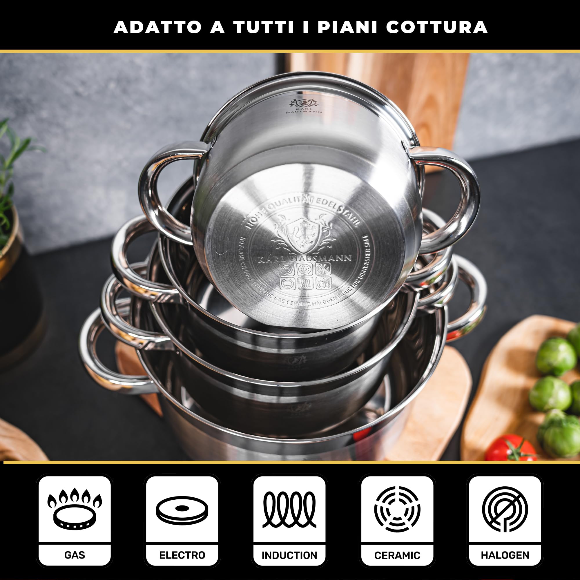 KARL HAUSMANN Set Pentole 4 Pezzi Acciaio Inox con Coperchi Termometro - Batteria Cucina Induzione, Pentole per Uso Quotidiano, Gas, Elettrico, Vetroceramica, 4 Misure