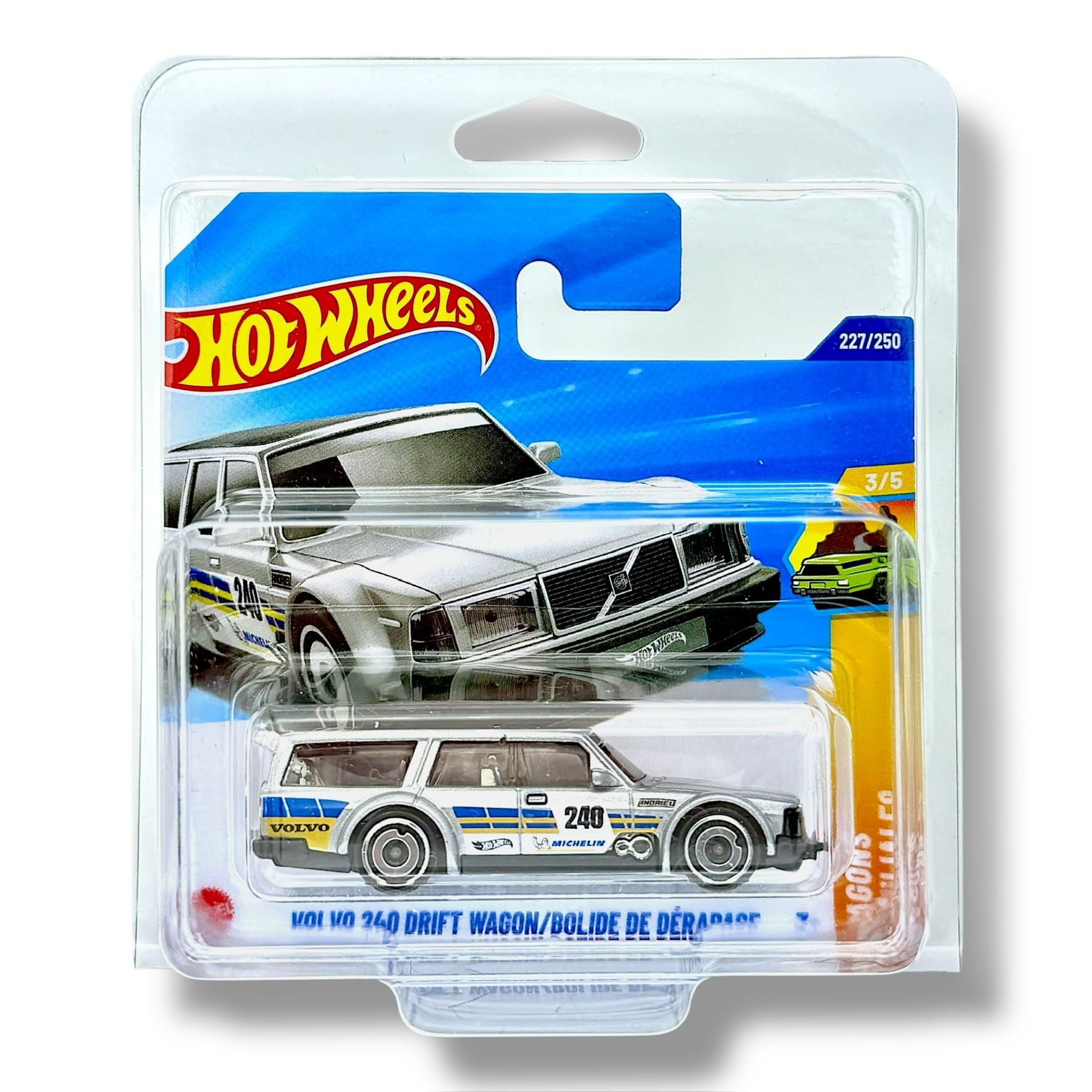Hot Wheels Volvo 240 Drift Wagon (Silver, White, Yellow & Blue) 3/5 Wagons - 2025-227/250 (Short Card) - includes a KLAS Car Keeper Protector Case - JBB40