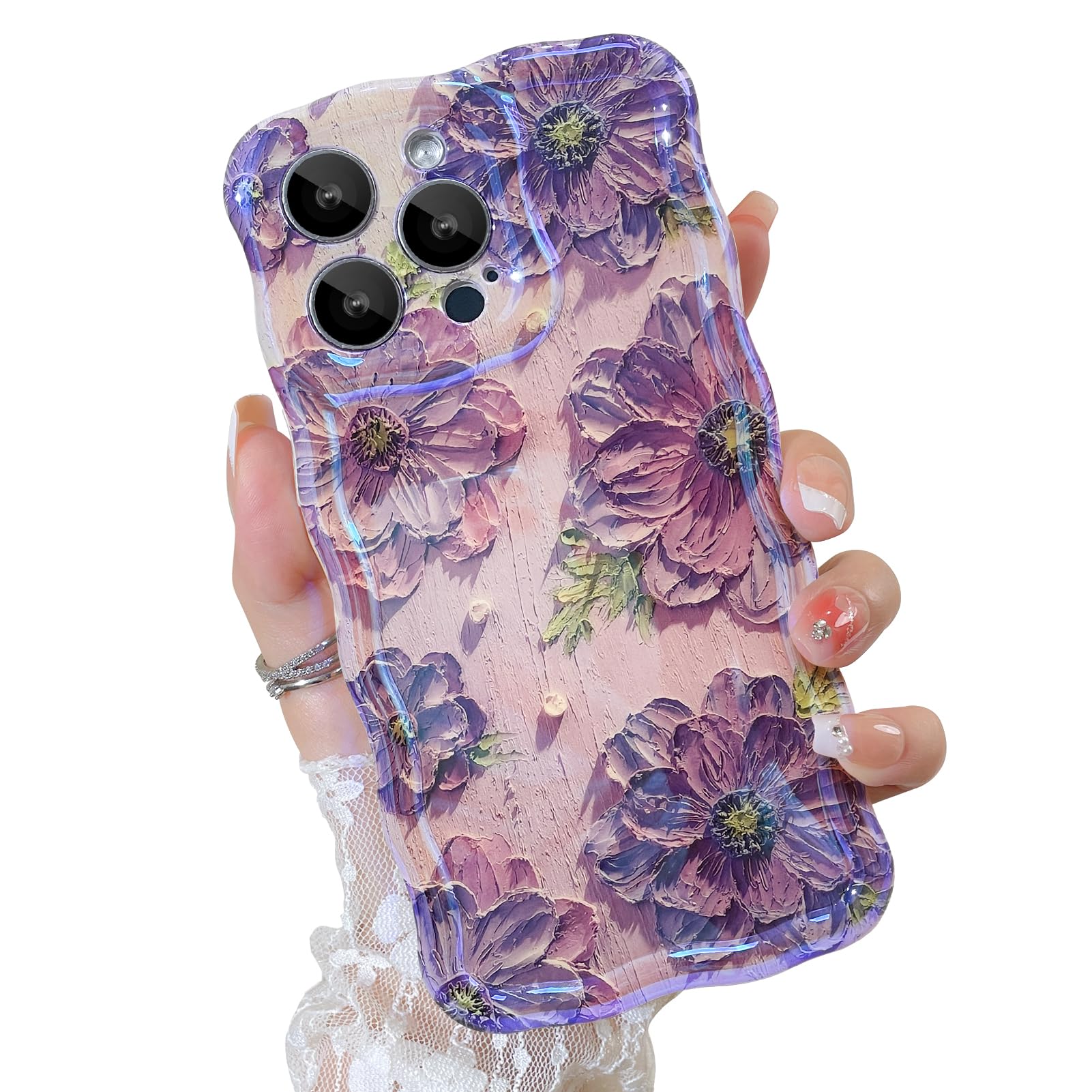 OOK Oil Painting Phone Case for iPhone 15 Pro Max Laser Glossy Cute Oil Painting Flower Pattern Curly Waves Bumper Design Soft Protective Cover for Girls Women Purple