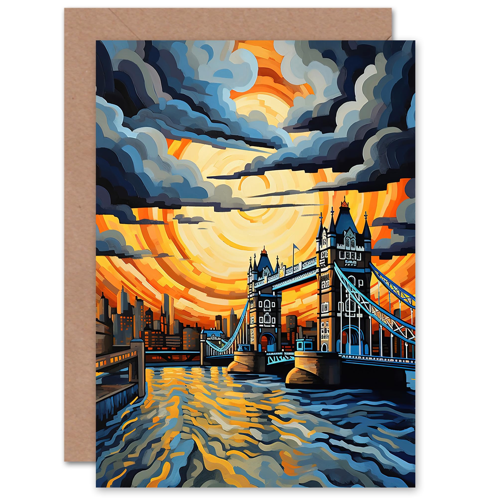 Artery8 London Tower Bridge Sunset Vibrant River Thames for Him or Her Man Woman Birthday Thank You Congratulations Blank Art Greeting Card