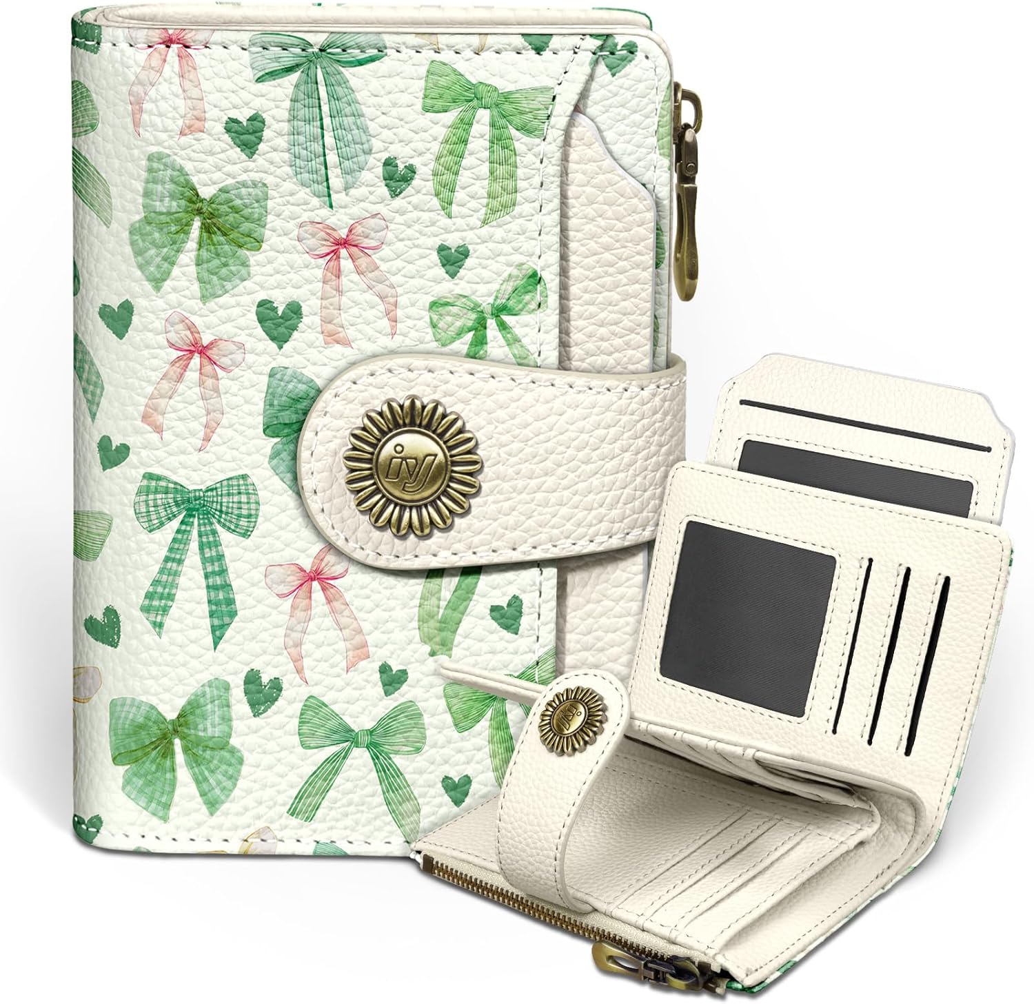 Icycay Sage Green Bow Small Wallet Women RFID Blocking Bifold, Cute Credit Card Holder, Zipper Coin Pocket, PU Leather, Compact, Travel, 4 ID Window, 14 Card Slots, Cash Purse, Ladies Woman Female