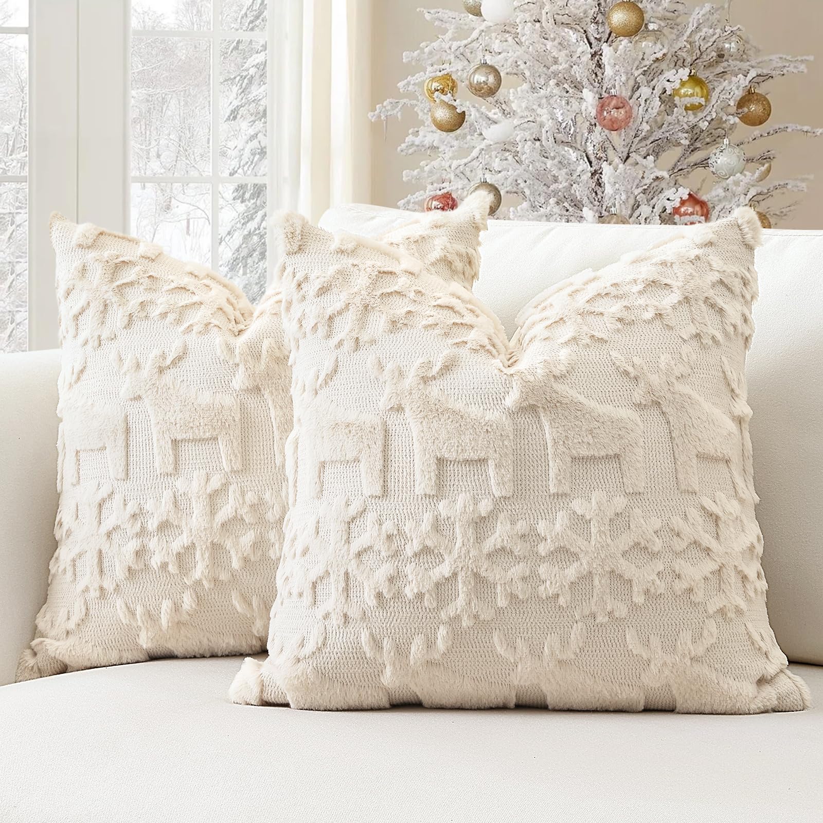 Artscope Set of 2 Xmas Soft Plush Short Wool Velvet Decorative Cushion Covers 55x55cm Square Luxury Style Throw Pillow Covers Pillow Shell for Sofa Bedroom Snowflake and Elk Cream Beige