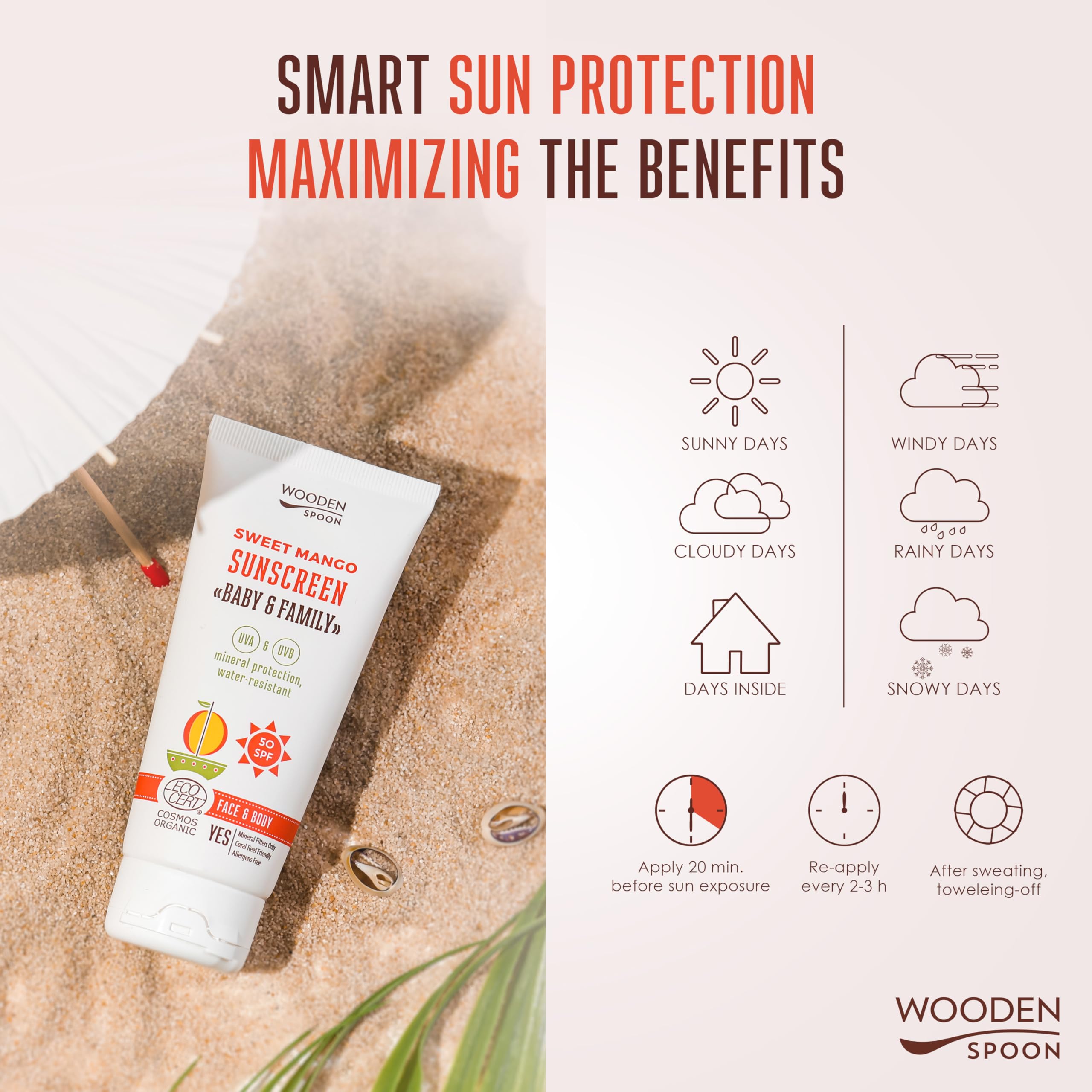 Wooden Spoon Crème Solaire Bio Bébé & Famille “Sweet Mango” SPF 50 – 100% Naturelle, Zinc Invisible, Sans Trace Blanche, Hypoallergénique, Vegan, Résistante à l’eau – 150 ml