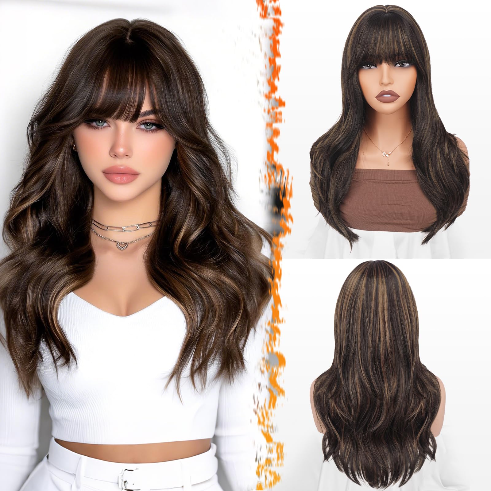 BARSDAR Peluca Larga con Flequillo, 50cm Layered Peluca con Flequillo para Mujer Pelucas de Pelo Ondulada Sintético Natural Pelucas para Fiesta Cosplay Wear - Marrón Oscuro Mix Auburn Highlight