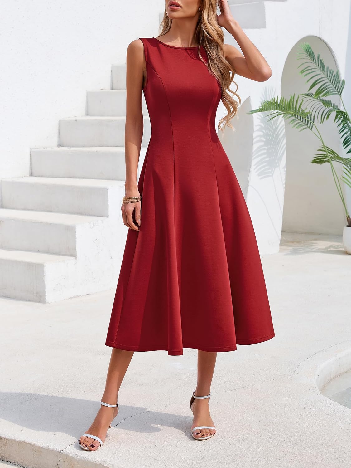 Simplee Womens Summer Sleeveless Cocktail Midi Dress 2026 Elegant Classy Crewneck A Line Flowy Party Tank Formal Dresses