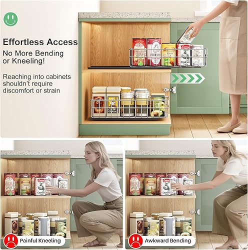 Miniatura 8 de Organizador de gabinete extraíble, paquete de 2 cajones deslizantes de acero inoxidable con toboganes silenciosos de extensión completa, contenedor