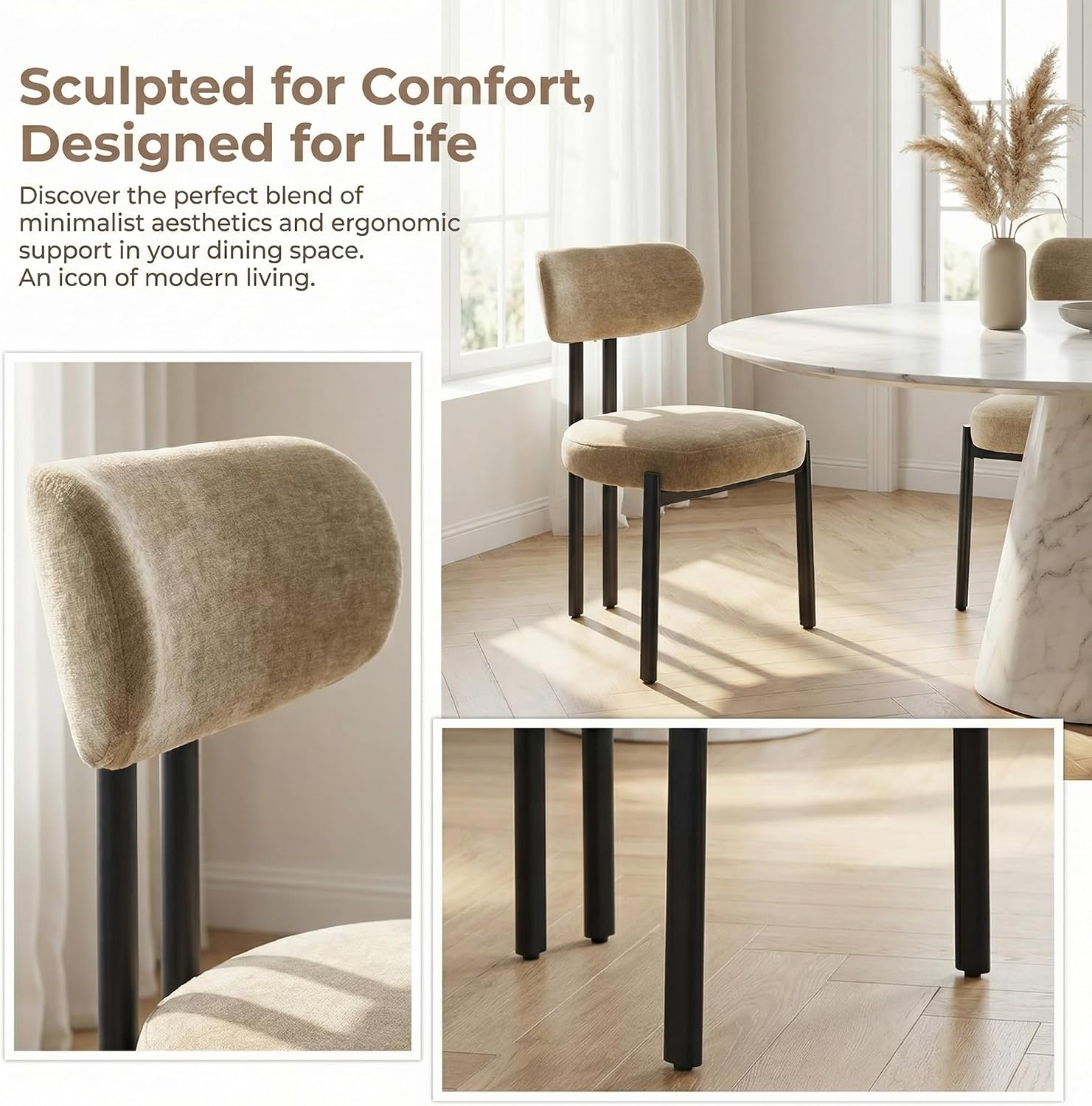 LukeAlon Chenille Dining Chairs Set of 4, Modern Curved Back Upholstered Dining Room Chairs with Black Metal Legs, Khaki