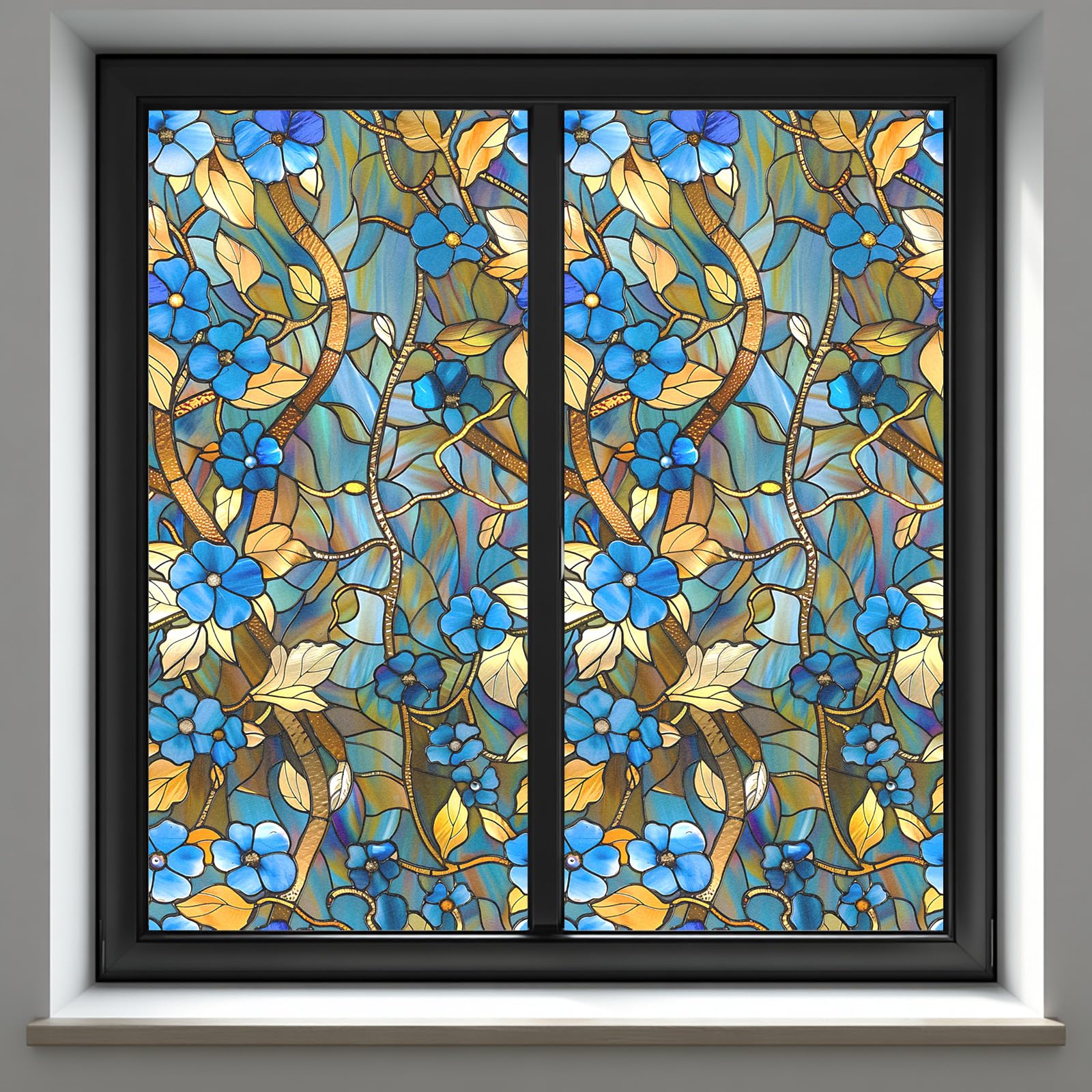 Photo 1 of KKYEJLQYI Frosted Window Privacy Film 17.5x39.4 Inch Decorative Static Cling Window Film Blue Floral Stained Glass Pattern Window Covering for Bathroom Office Bedroom