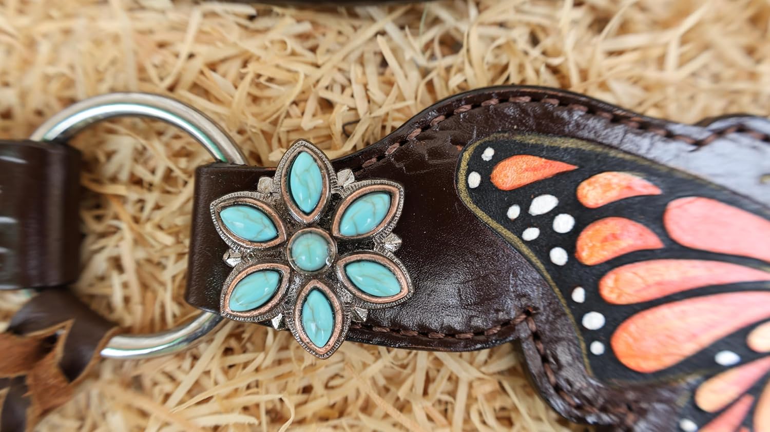 Butterfly Horse Tack - Western Headstall, Breast Collar, Wither Strap, Bronc Halter & Spur Strap Set with Hand-Painted Butterflies, Carved Details & Turquoise Flower Conchos