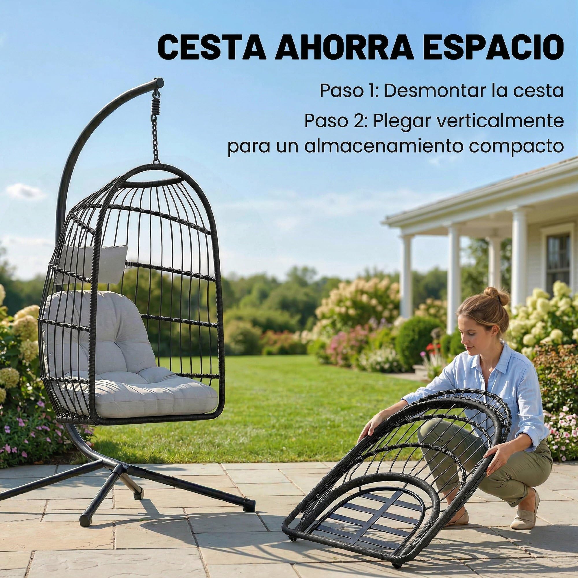 Outsunny Silla Colgante Huevo con Soporte Cesta Plegable Ratán Gris Claro | Columpio Jardín Exterior, Cojín Grueso, Reposacabezas, Altura Ajustable, Estructura Metálica, para Interior y Exterior