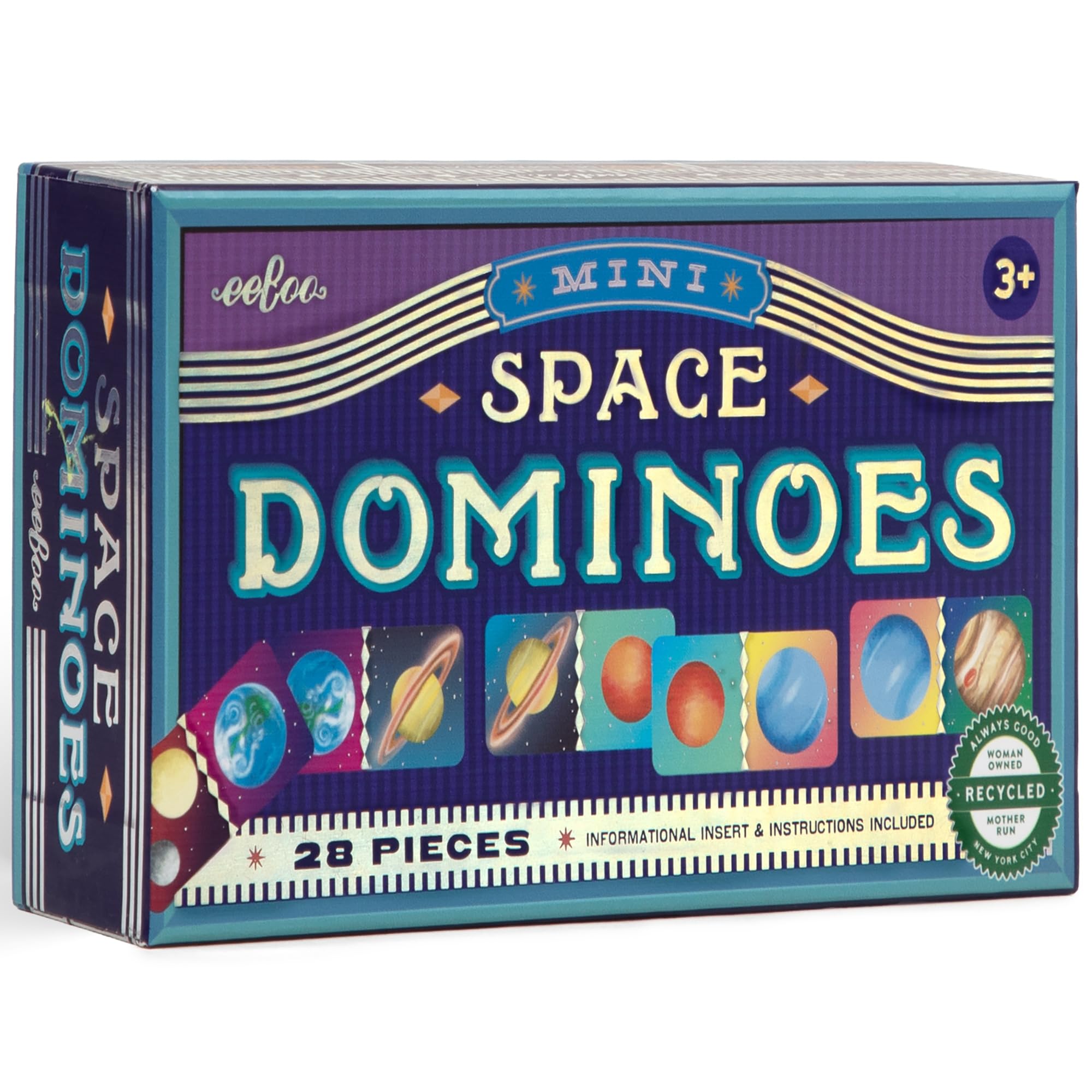 eeBoo: Mini-Dominosteine – Weltraum – 28-teiliges Planeten-Thema-Set, silberfarbene holografische Folienfliesen, klassisches Spielstein-Matching-Spiel, Familien & Kinder ab 3 Jahren, 2-4 Spieler