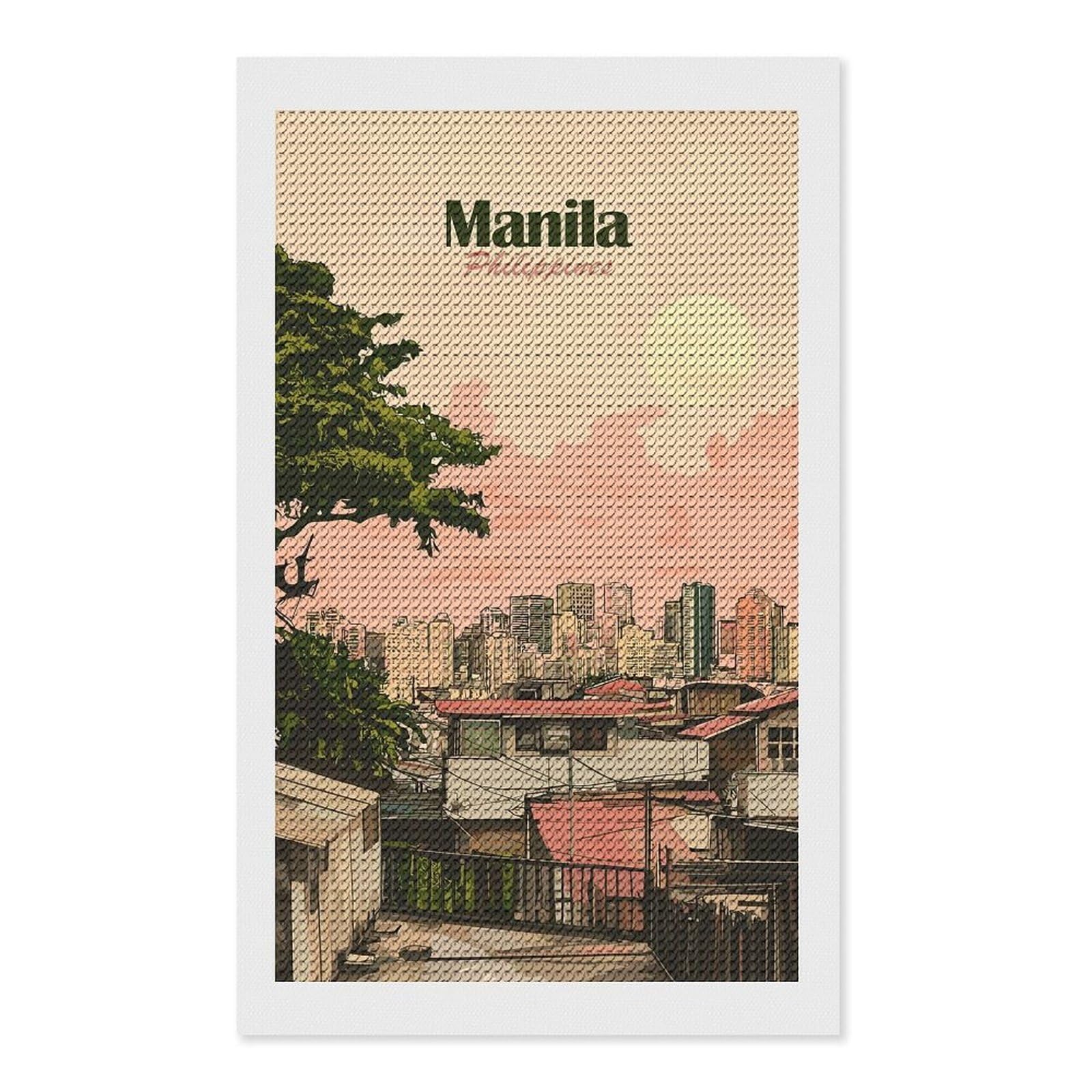Junmoney Manila Philippines Cityscape Art Round Drill Diamond Painting 12"x20", Satisfying Creative Project, Complete Accessories, Printed Canvas