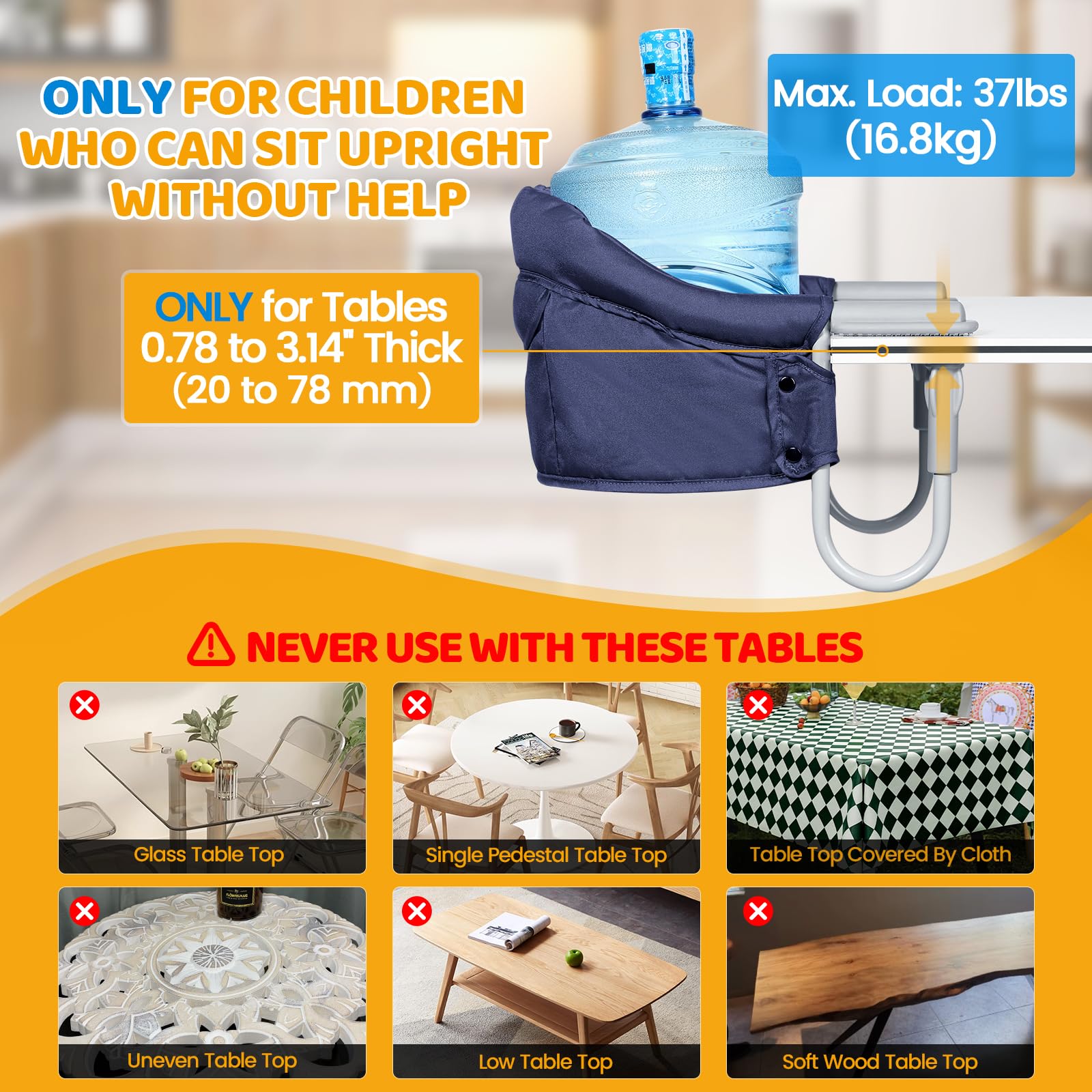 Orzbow Hook-on Seats,Portable Hook on High Chair with 5-Point Safety Harness,Shoulder Strap Mats and Removable Seat Cushion,Stable Clip on Baby Chair for Home and Restaurant (Dark Blue) - Image 4