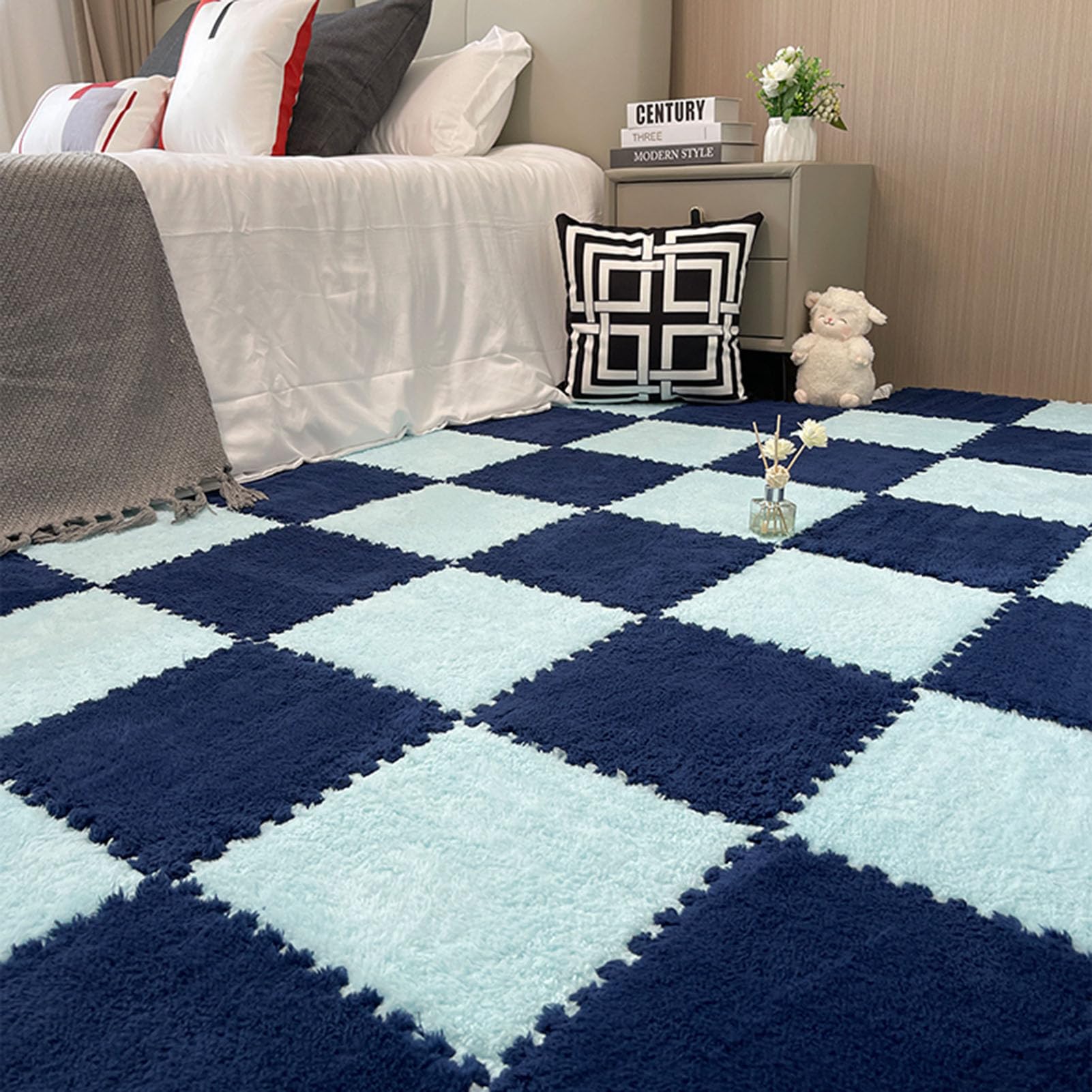 Tappeto a incastro Splice, tappeto puzzle in schiuma di peluche, 10 piastrelle quadrate in schiuma ad incastro, tappeto soffice per soggiorno, tappeto in schiuma per came,Navy Blue+light Blue