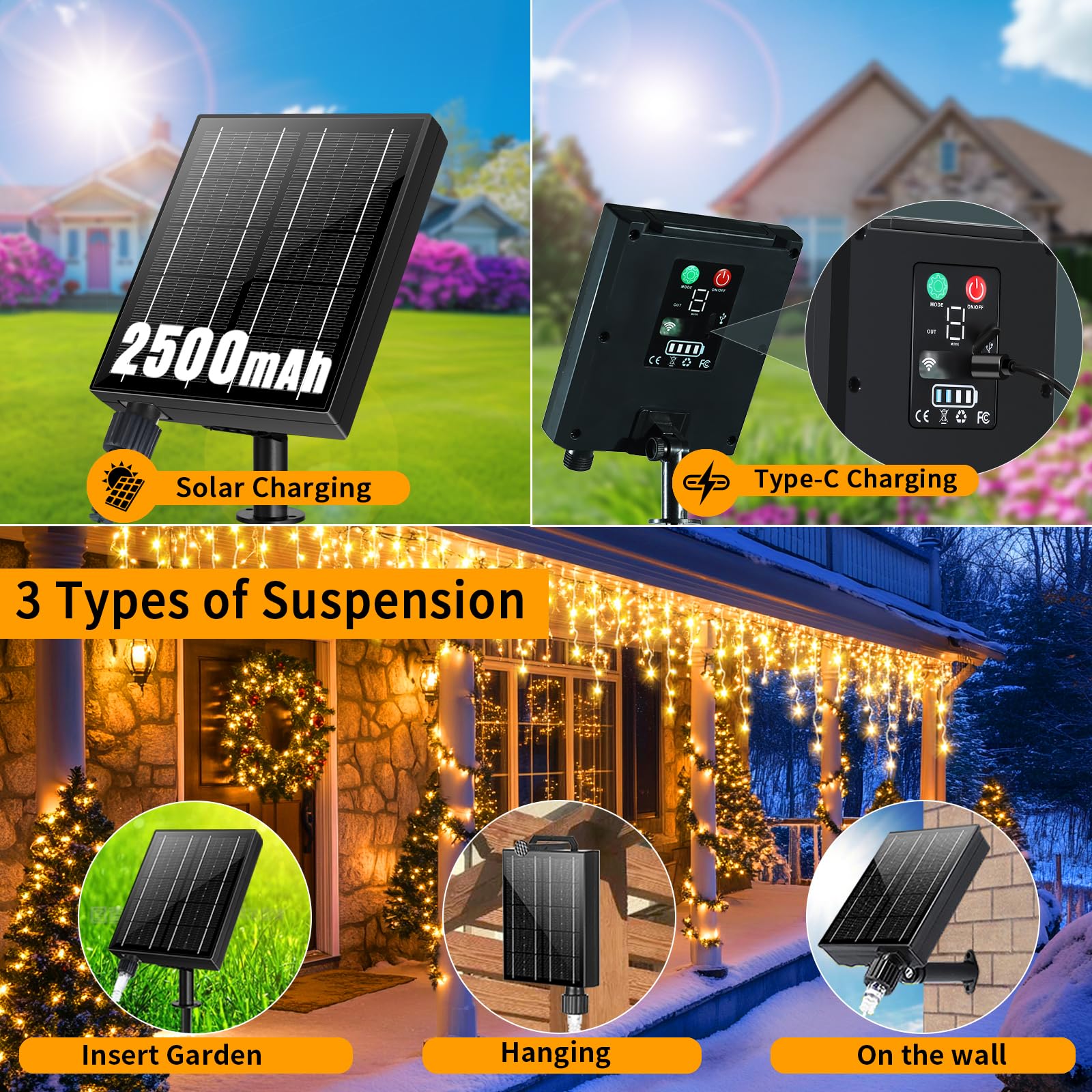 RJEDL 2500mAh Solari Luci di Natale da Esterno,18+5M 600LED Impermeabile Luci Natalizie da Esterno Cascata,Con 8 Modalità &Timer e Memoria Luci di Natale da Esterno per Balcone Finestra Casa Ringhiera