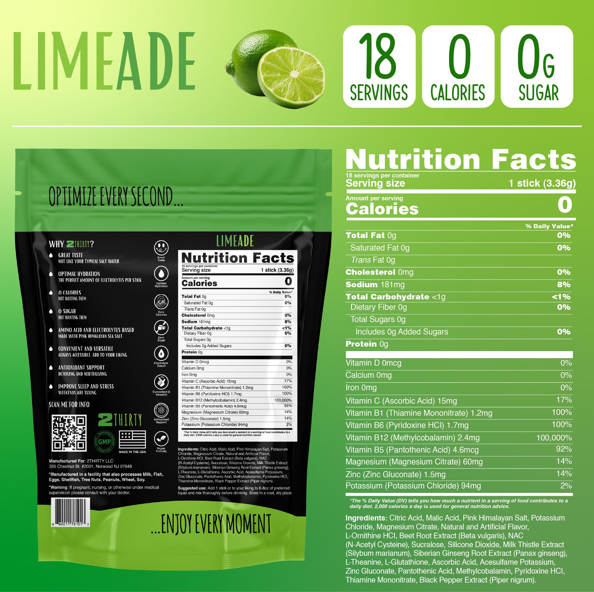 2THIRTY Hydration & Precovery Mixer | No Sugar, Zero Calories | Electrolyte Powder Packets + Vitamin B12, Aminos & Natural Herbs (18 Pack, Limeade)