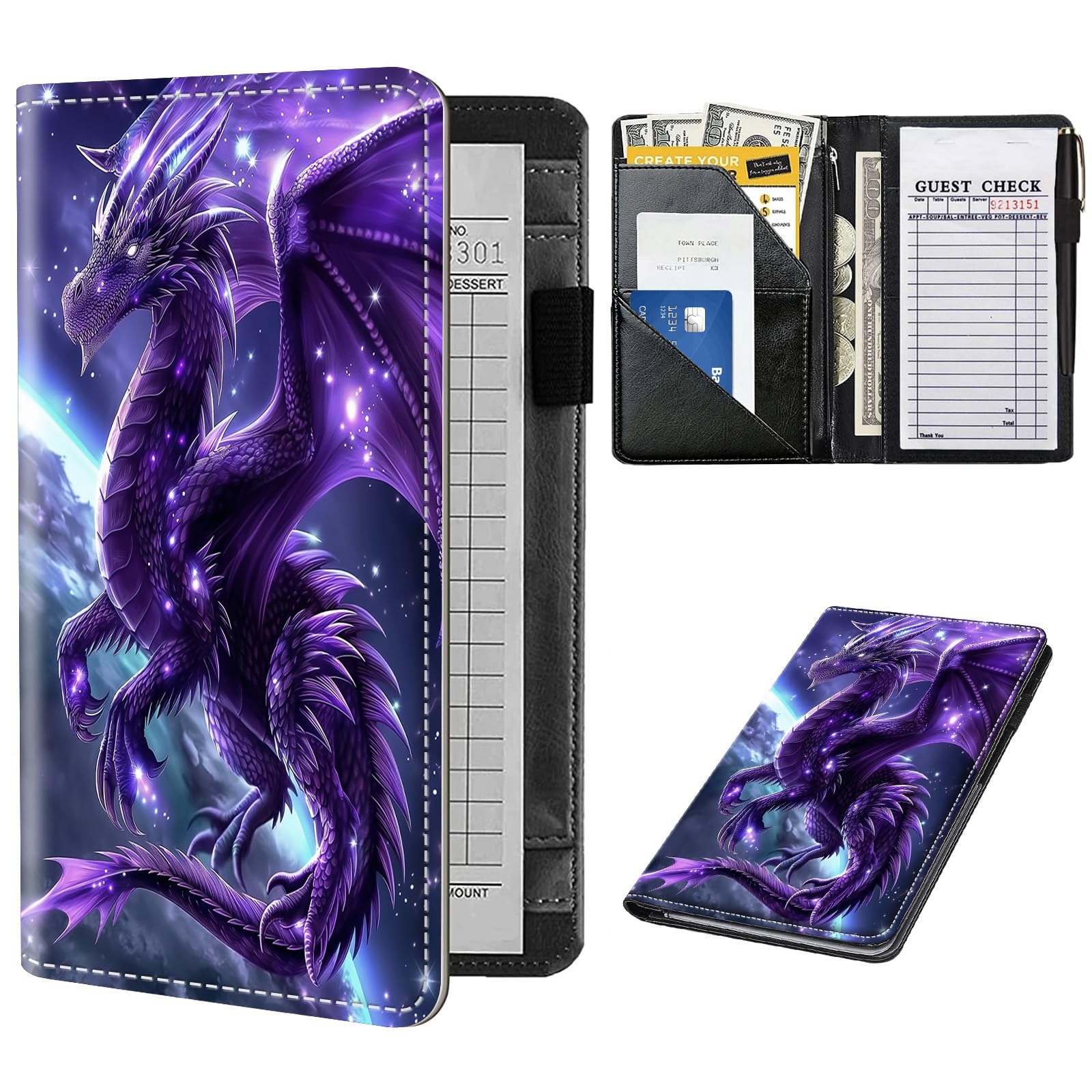 Server Book for Waitress, Cute Serving Books with Zipper Pocket, Leather Server Check Book Ticket Book Holder, Restaurant Waitress Accessories Server Booklet Organizer,Majestic Purple Dragon
