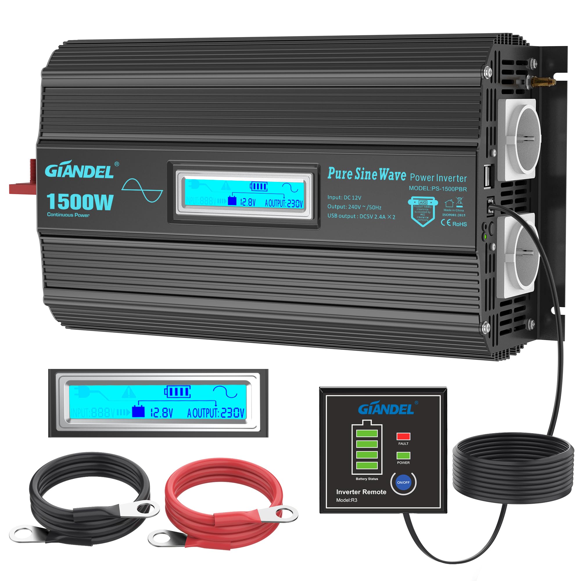Giandel Power Inverter 1500W Onda Sinusoidale Pura Convertitore DC 12V a AC 220V 230V con telecomando & LCD Display e 2 Porte USB per auto,caravan camper