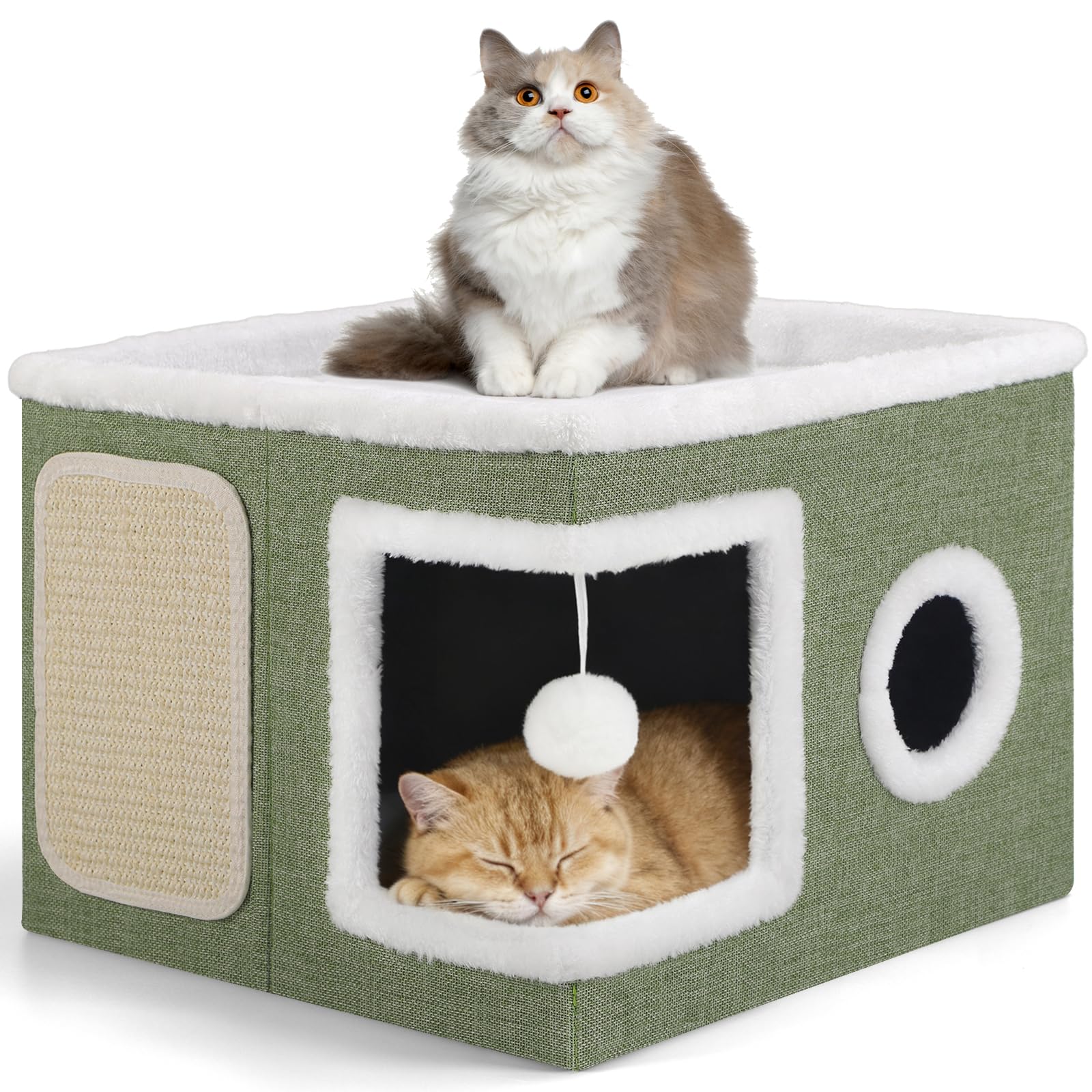 Shikha Faltbares Katzenhöhle Indoor für große Katzen, 43L x 43B x 32H cm Große Katzenhaus mit Kratzbrett und Spielball, 2 Schicht Katzen würfel, Katzen Höhle für kleine und mittlere Haustiere, Grün