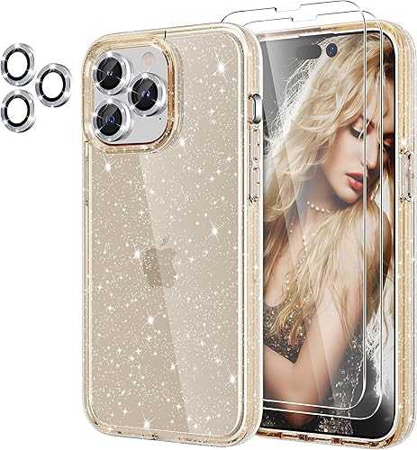 Miniatura 191 de Funda con purpurina diseñada para iPhone 15 Pro Max, con [2 unidades] protector de pantalla y [paquete de 3] protector de lente de cámara brillante