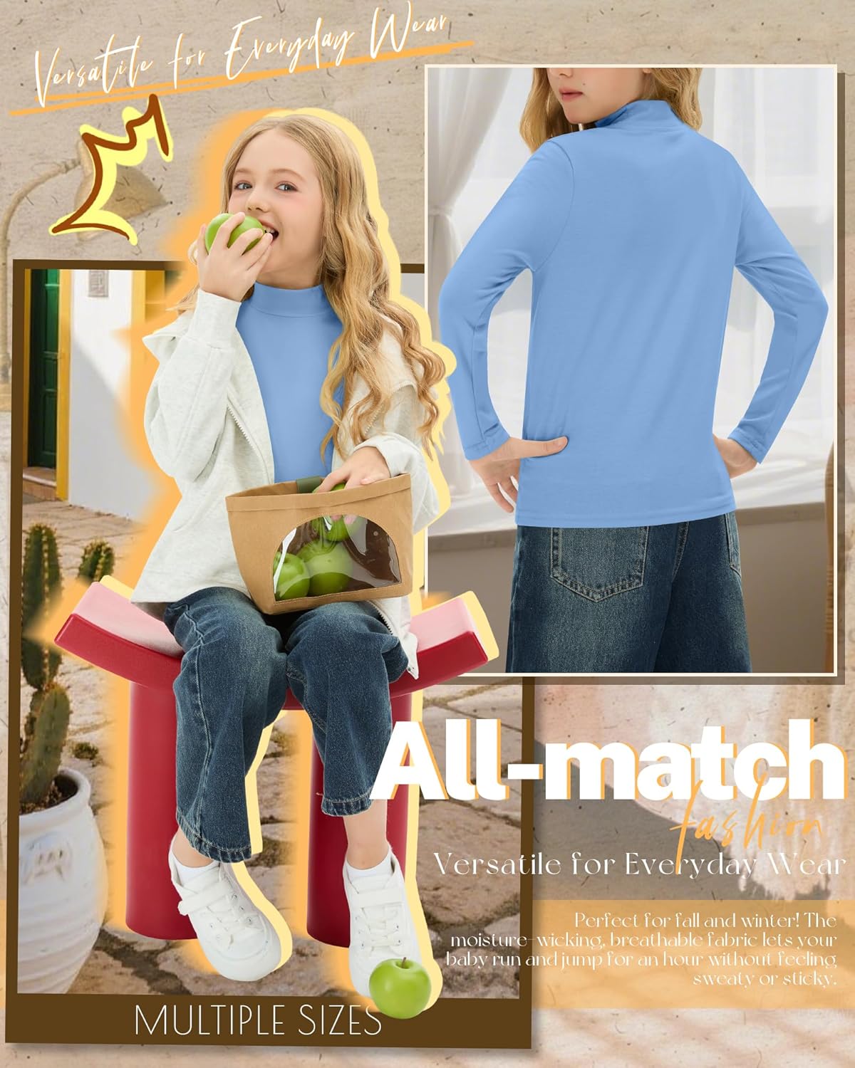 Girls Mock Turtleneck Long Sleeve Shirts Kids Soft Slim Fit Undershirt Warm Casual Base Layer Fall Winter Top - Image 4