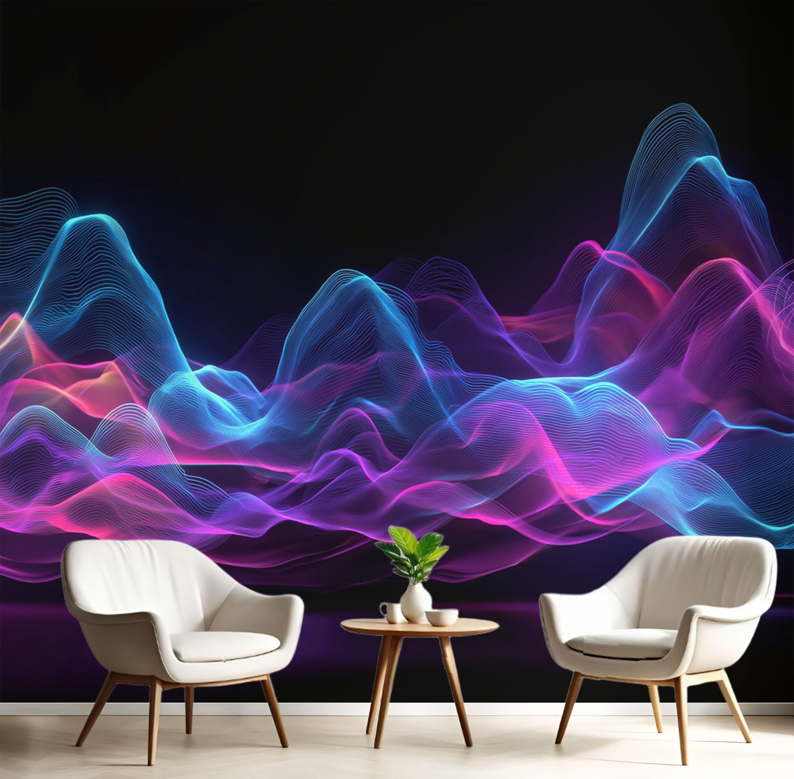 Tapisserie murale vagues néon 3D pour sublimer l'ambiance du salon