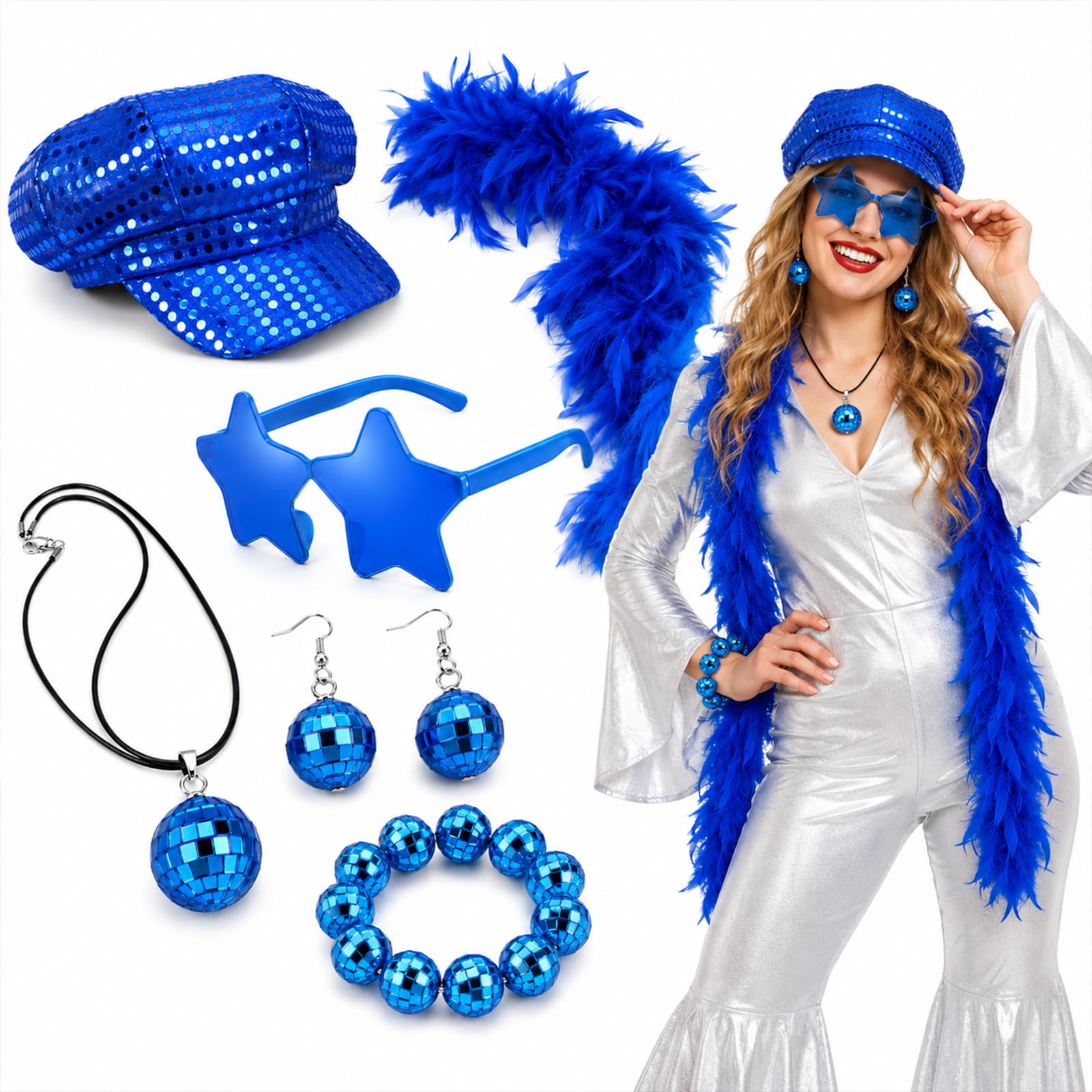 6 Piece Disco Fancy Dress Set 70s ABBA Costume Blue Boa and Star Glasses