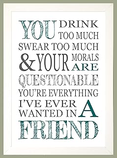 Fun Friendship A4 YOU DRINK TOO MUCH SWEAR TOO MUCH TEAL & GREY Print Sold in a WHITE WOOD FRAME