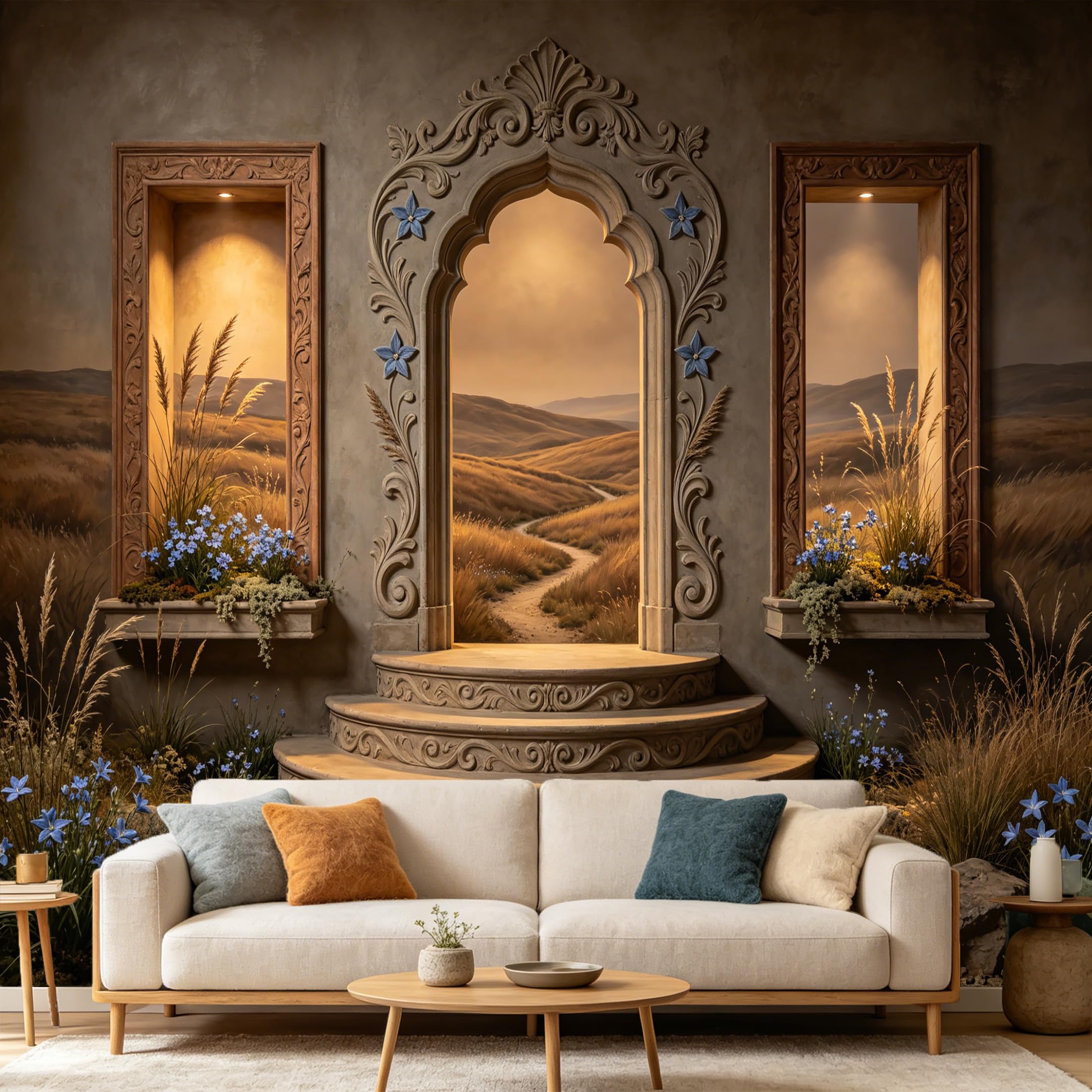 Custom Size Wall Mural， 3D Trompe L'Oeil Mediterranean Archway Golden Hills Landscape， SelfAdhesive Art Prints wall Fabric Removable Large Wallpaper Home Living Room Decor
