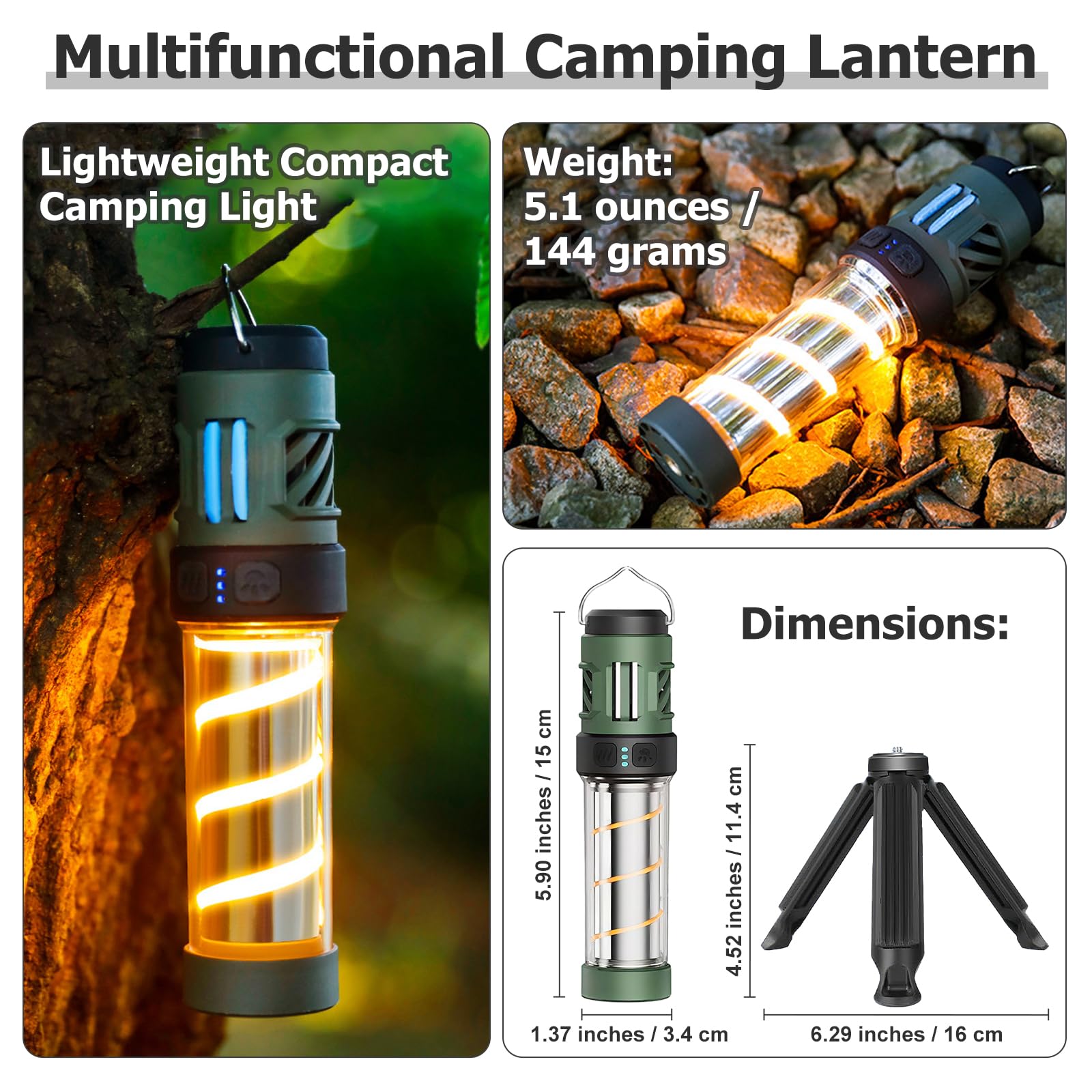 Linterna portátil 3 en 1 para camping, impermeable, luz de camping integrada al aire libre, cinco luces ajustables con trípode, para jardín, patio trasero, senderismo, camping, emergencias
