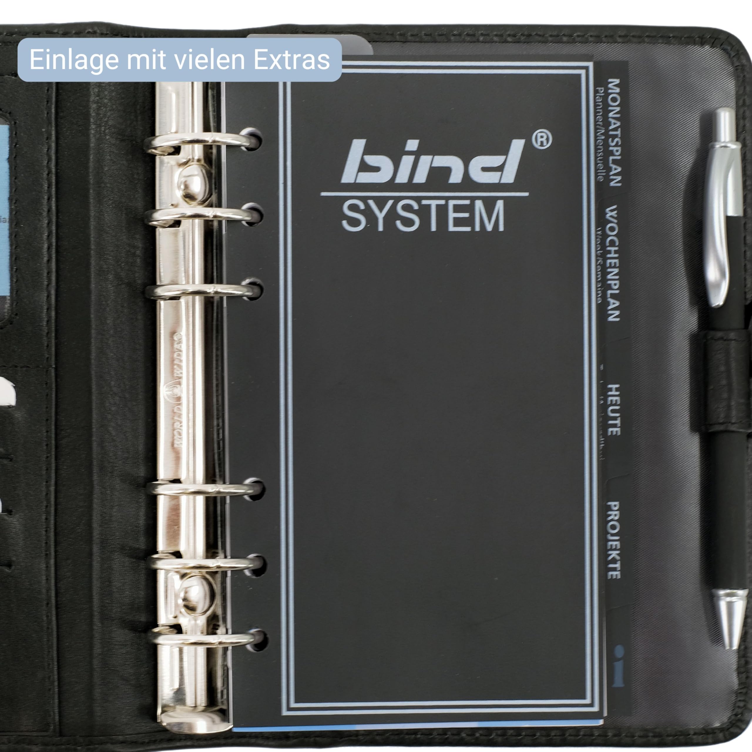 bind 10111 - Planer systemowy A6, organizer ze skóry nappa, terminarz w kolorze czarnym, teczka na kalendarz ok. 19 x 14 x 4 cm, teczka z wkładką systemową z kalendarzem 1 dzień = 1 strona, teczka