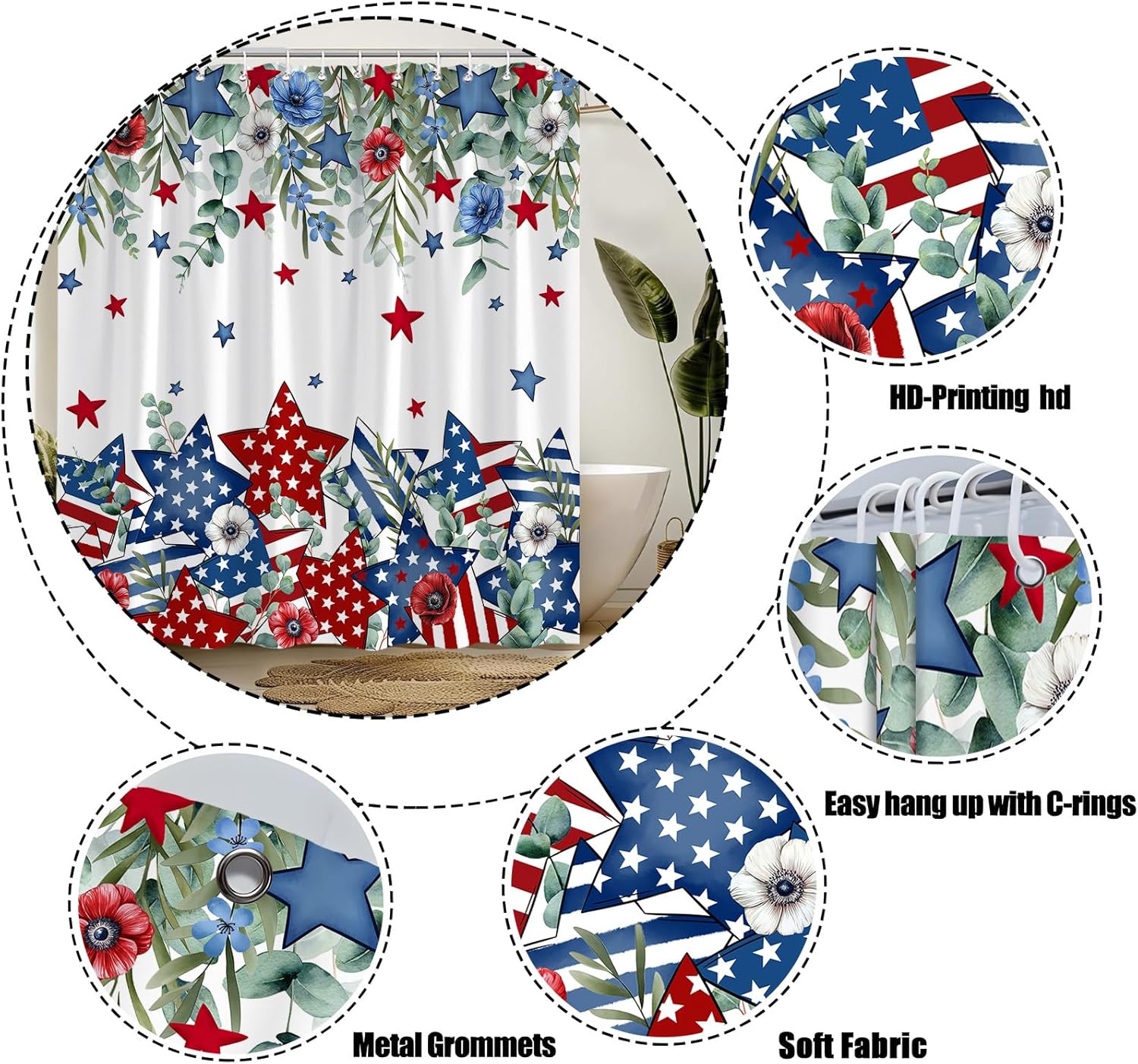 4th of July Floral Shower Curtain,Red White Blue Star Sage Leaf Patriotic Leaves Independence Polyester Bathroom Curtain with 12 Hooks,Bathtub Home Decor,70x84 Inch