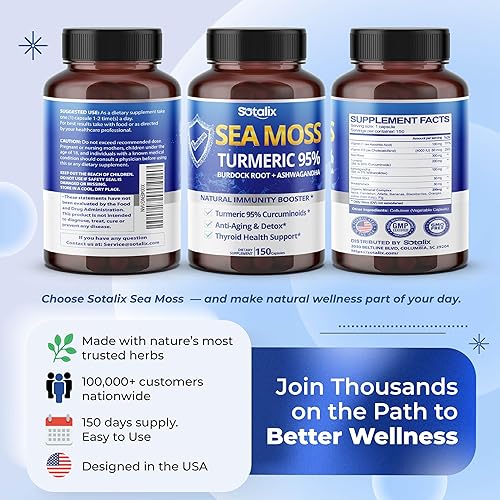 Miniatura 9 de Sotalix - Cápsula de musgo marino de 10100 mg con Ashwagandha, raíz de bardana, vejiga, cúrcuma, potente refuerzo de inmunidad natural, fabricado en