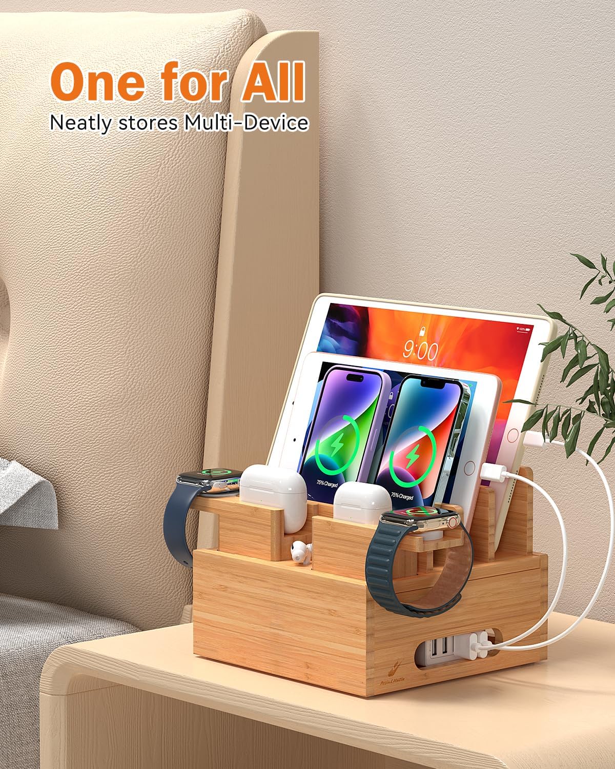 Pezin & Hulin Bamboo Charging Station for Multiple Devices, with Power Charger, Wire Cables 5 Pack, Compatible with Multi Phones & Tablet, for Earbuds & Smart Watch