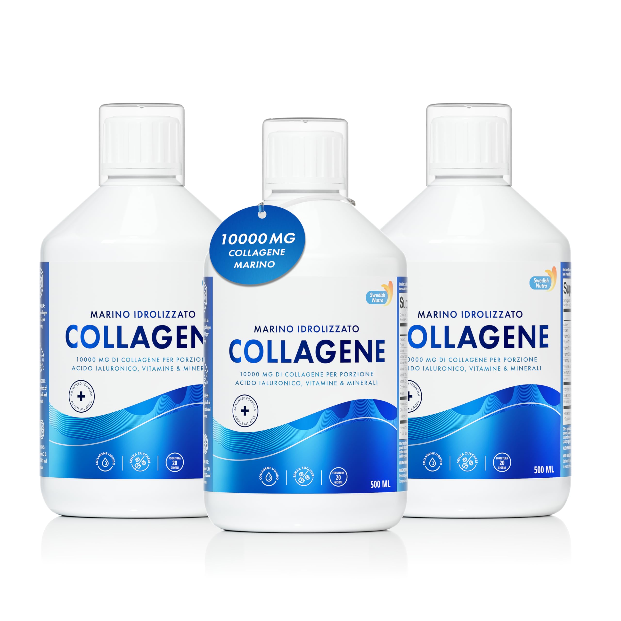 Collagene liquido marino 500 ml x 3 I Collagene idrolizzato da 10.000 mg (tipo I e III) per dose I Senza zucchero I Pelle, capelli, unghie I Assorbimento maggiore - Fornitura per 60 giorni