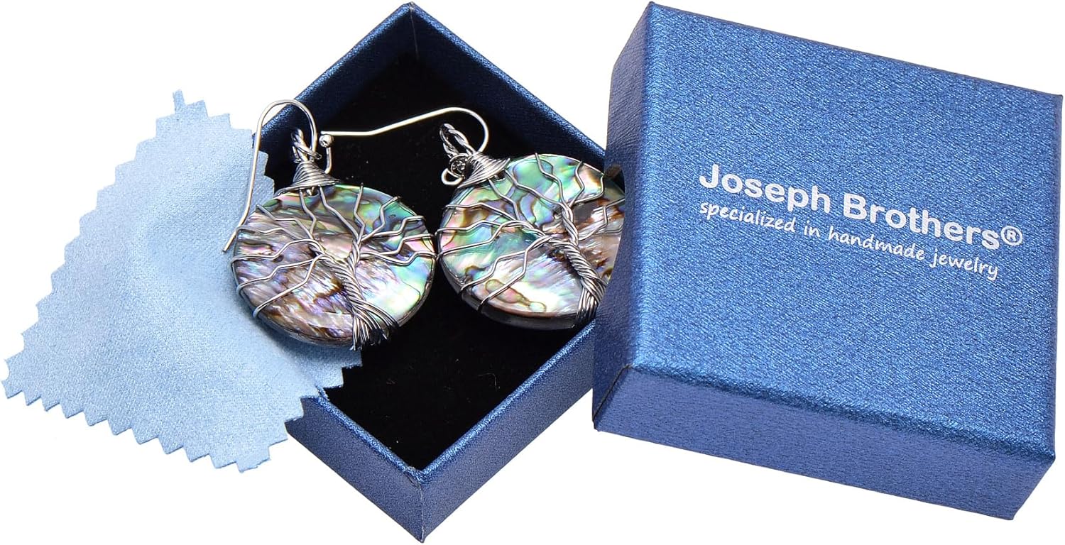 Handmade Round Disc Abalone Shell Dangle Earrings for Women, Silver Wire Craft Tree of Life Earrings - Image 7