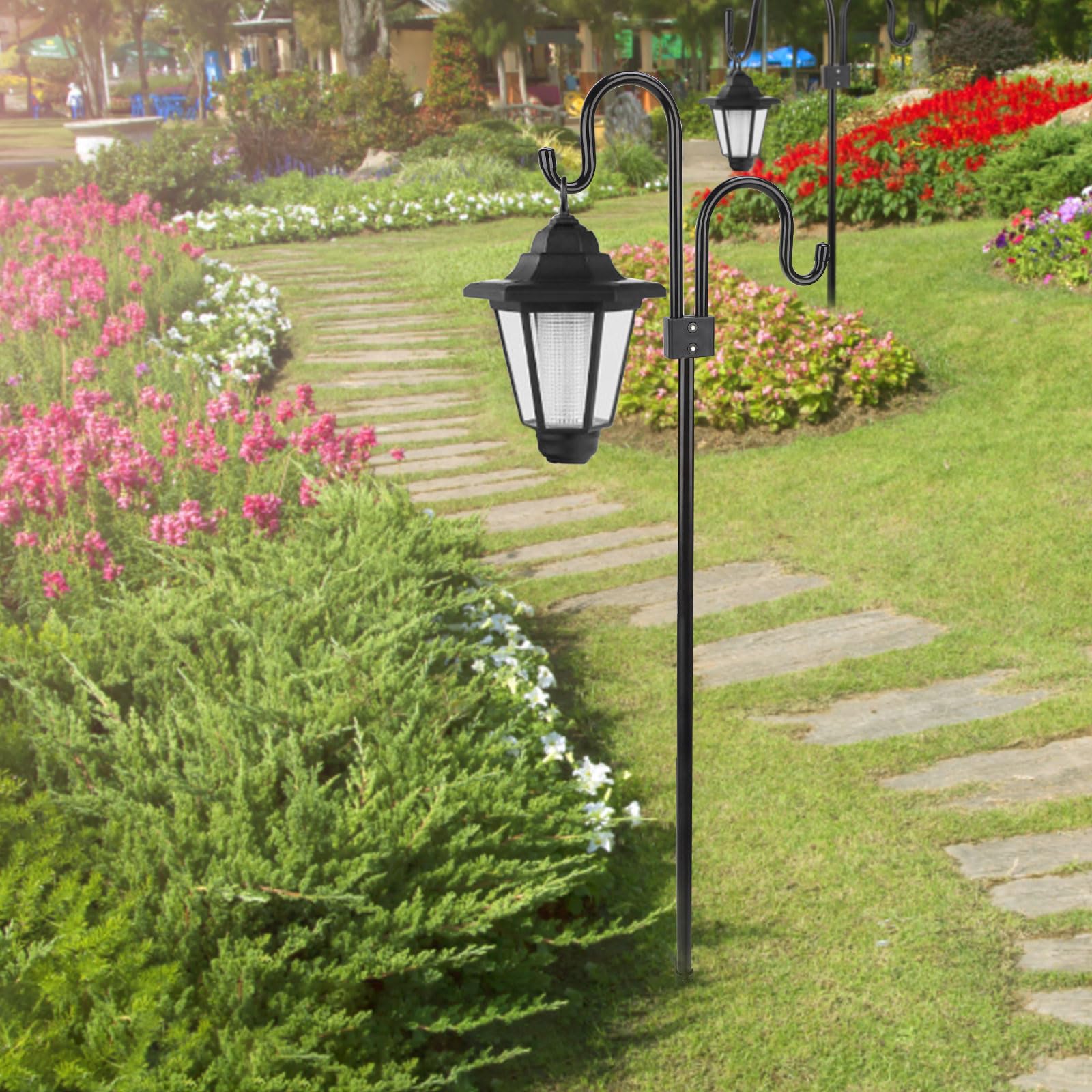 SWAWIS Gancho de pastor de 234 cm, varilla de pastor para jardín, doble gancho con 5 bases de farolillos, barra de metal para jardín, arco de pastor para comederos de pájaros, cestas de plantas,