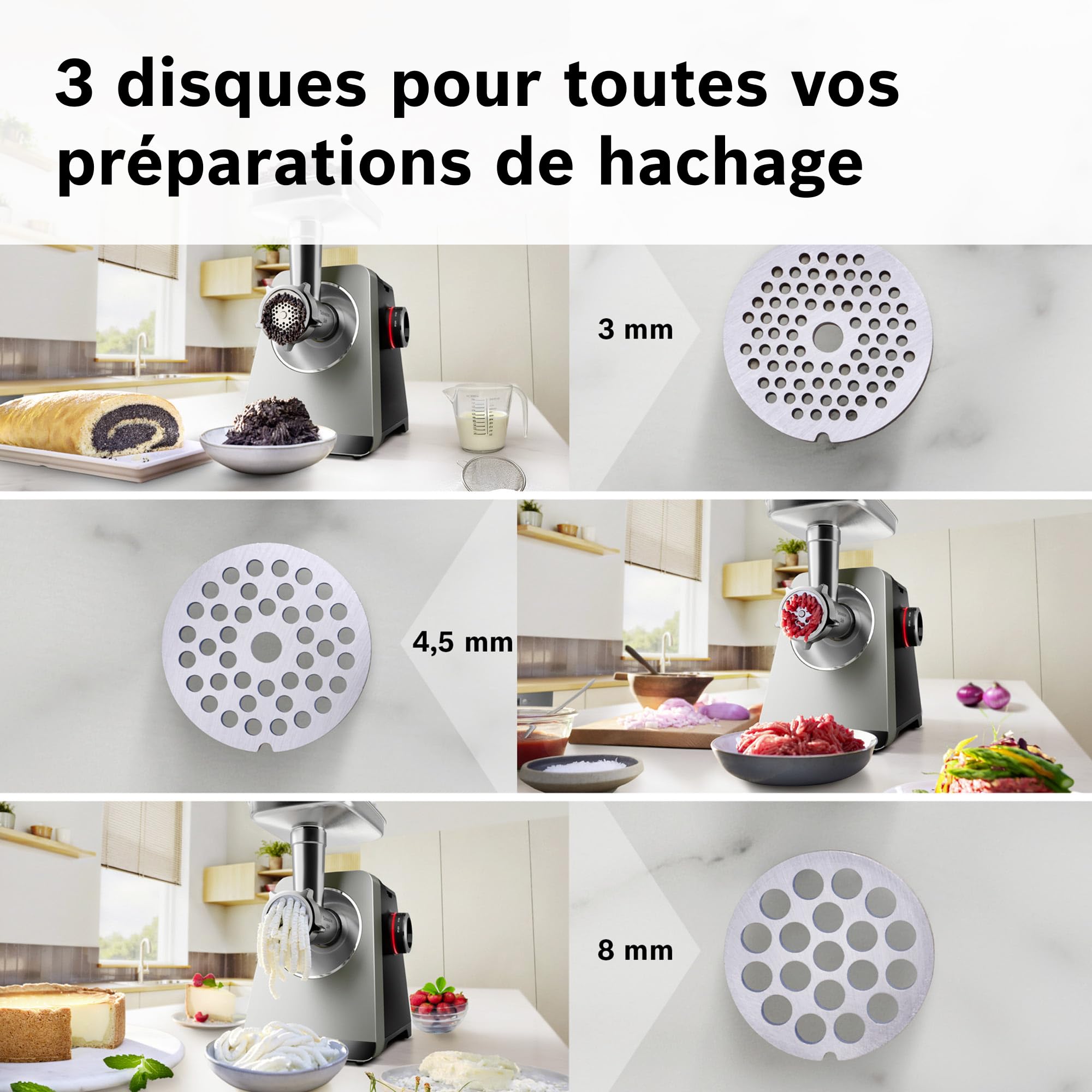Bosch MultiPower Série 8, hachoir multifonction, puissance moteur bloqué 2500 W, hachoir à viande, râpe, accessoires saucisse et kebbe, noir, MFWS840M