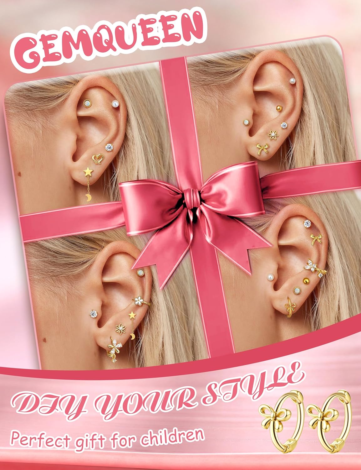 12 Pairs Stainless Steel Earrings Set for Girls Toddler Women Hypoallergenic : 14K Gold Plated Screw Back Studs for Sensitive Ears Kids Cute Earring Stack Huggie Hoops CZ Heart Flower Ball - Image 3